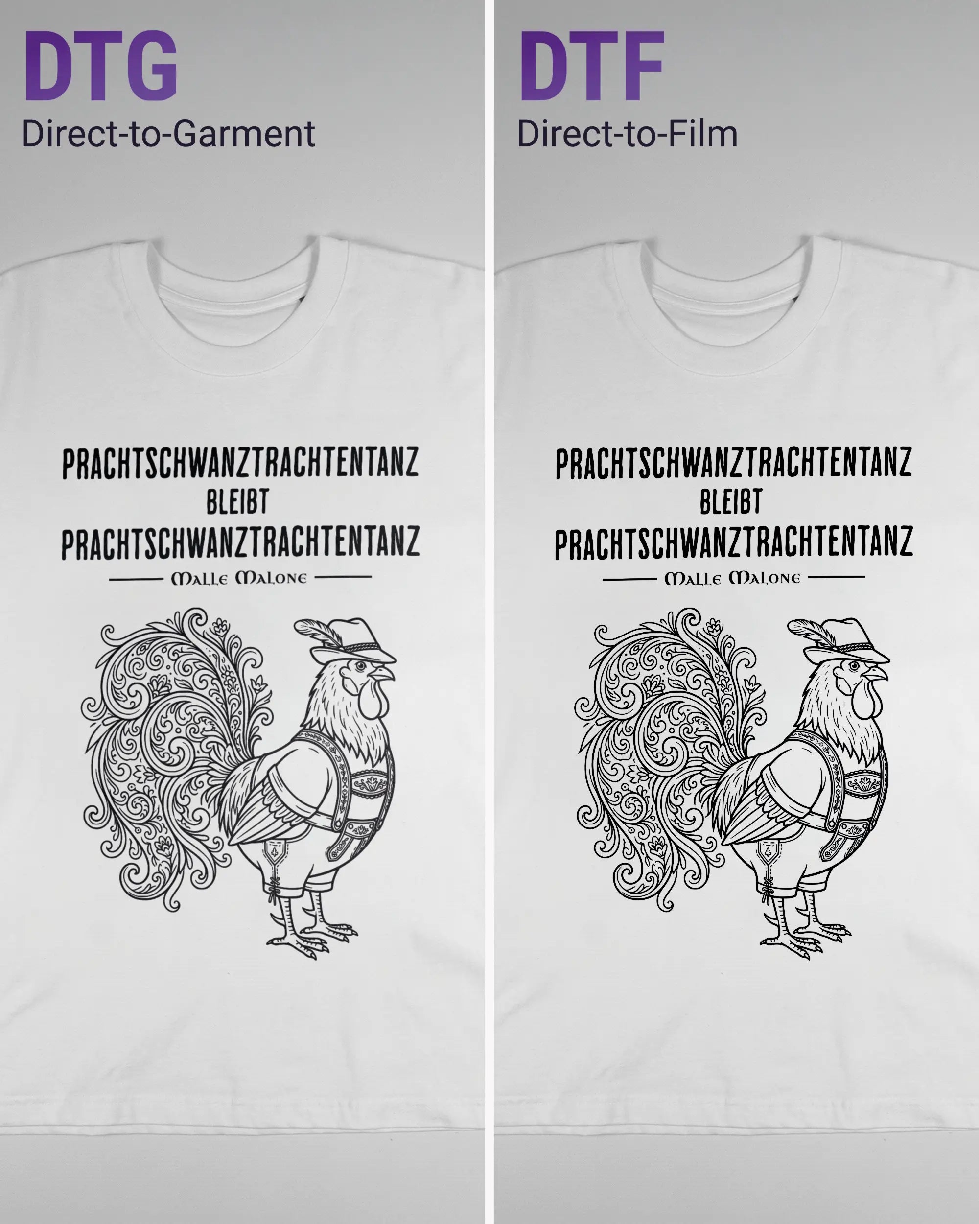 Vergleich der Vorderseiten des Basic Unisex T-Shirt Oversized von Maondo mit dem Design Trachtentanz in der Farbe White und in der Größe L links mit dem Direct-to-Garment und rechts mit dem Direct-to-Film Verfahren