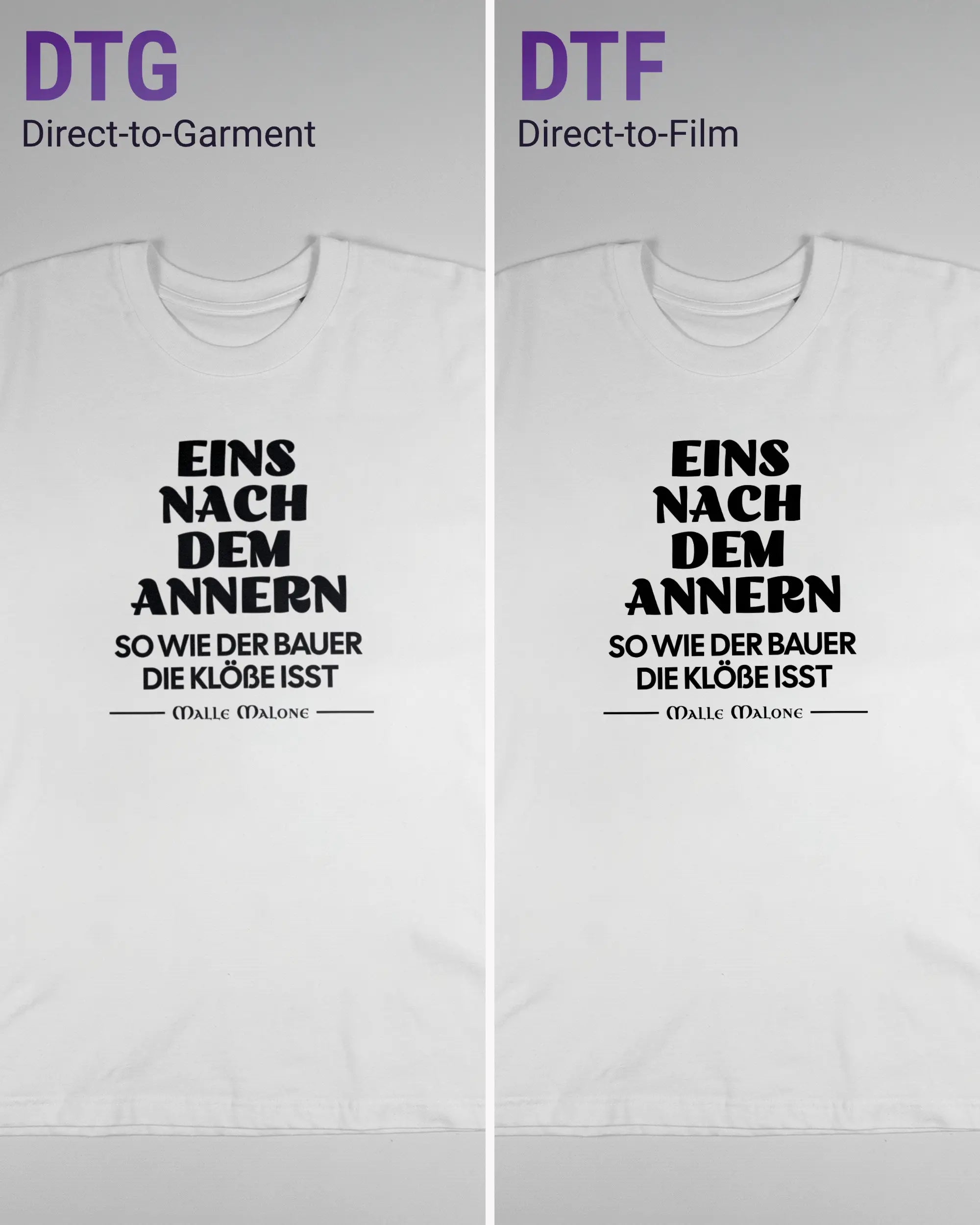 Vergleich der Vorderseiten des Basic Unisex T-Shirt Oversized von Maondo mit dem Design Eins nach dem Annern in der Farbe White und in der Größe L links mit dem Direct-to-Garment und rechts mit dem Direct-to-Film Verfahren
