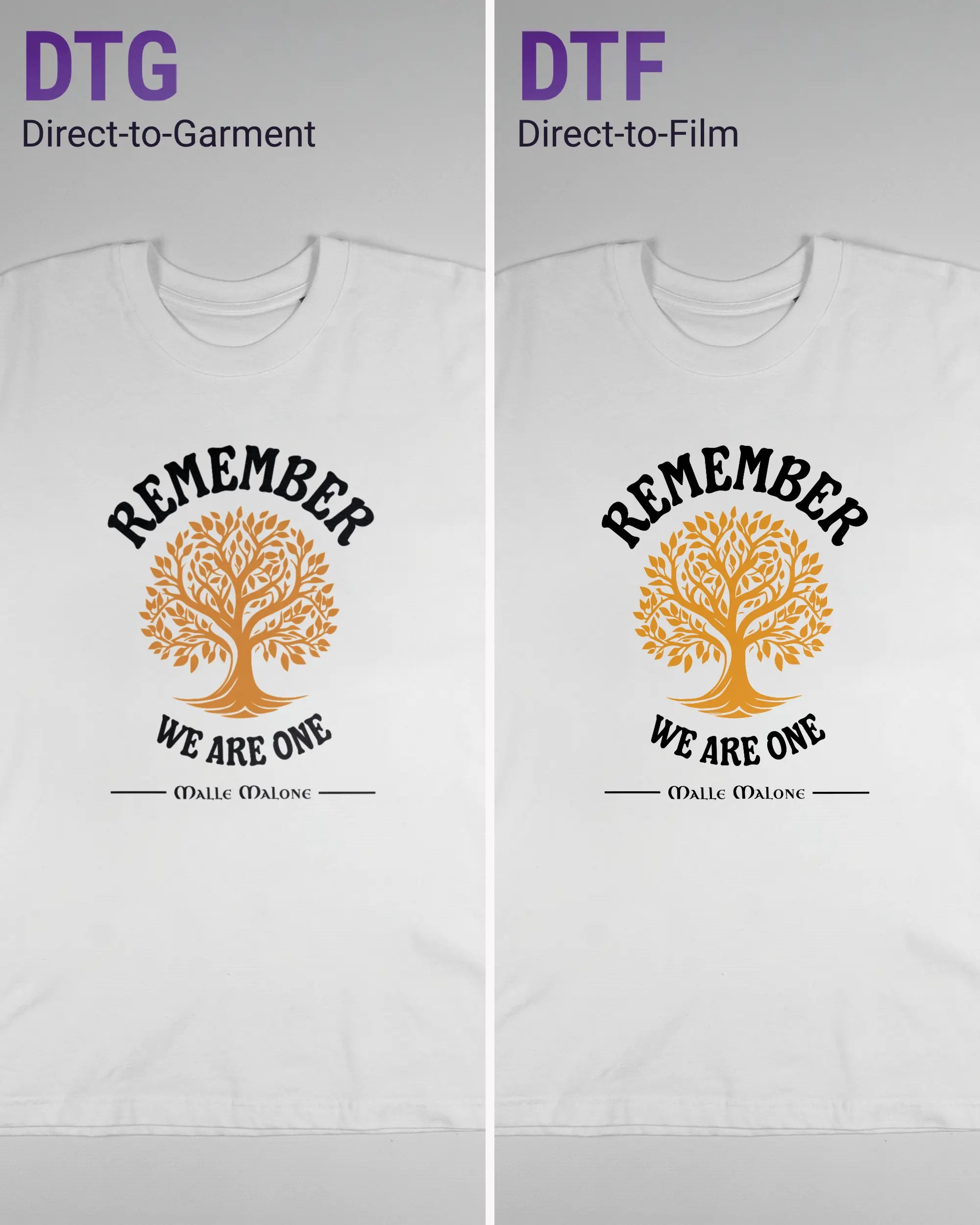 Vergleich der Vorderseiten des Basic Unisex T-Shirt Oversized von Maondo mit dem Design We are one in der Farbe White und in der Größe L links mit dem Direct-to-Garment und rechts mit dem Direct-to-Film Verfahren