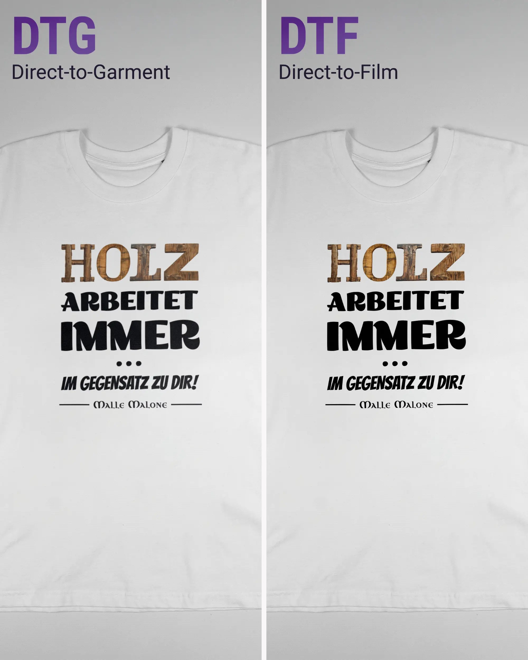 Vergleich der Vorderseiten des Basic Unisex T-Shirt Oversized von Maondo mit dem Design Holzarbeit in der Farbe White und in der Größe L links mit dem Direct-to-Garment und rechts mit dem Direct-to-Film Verfahren