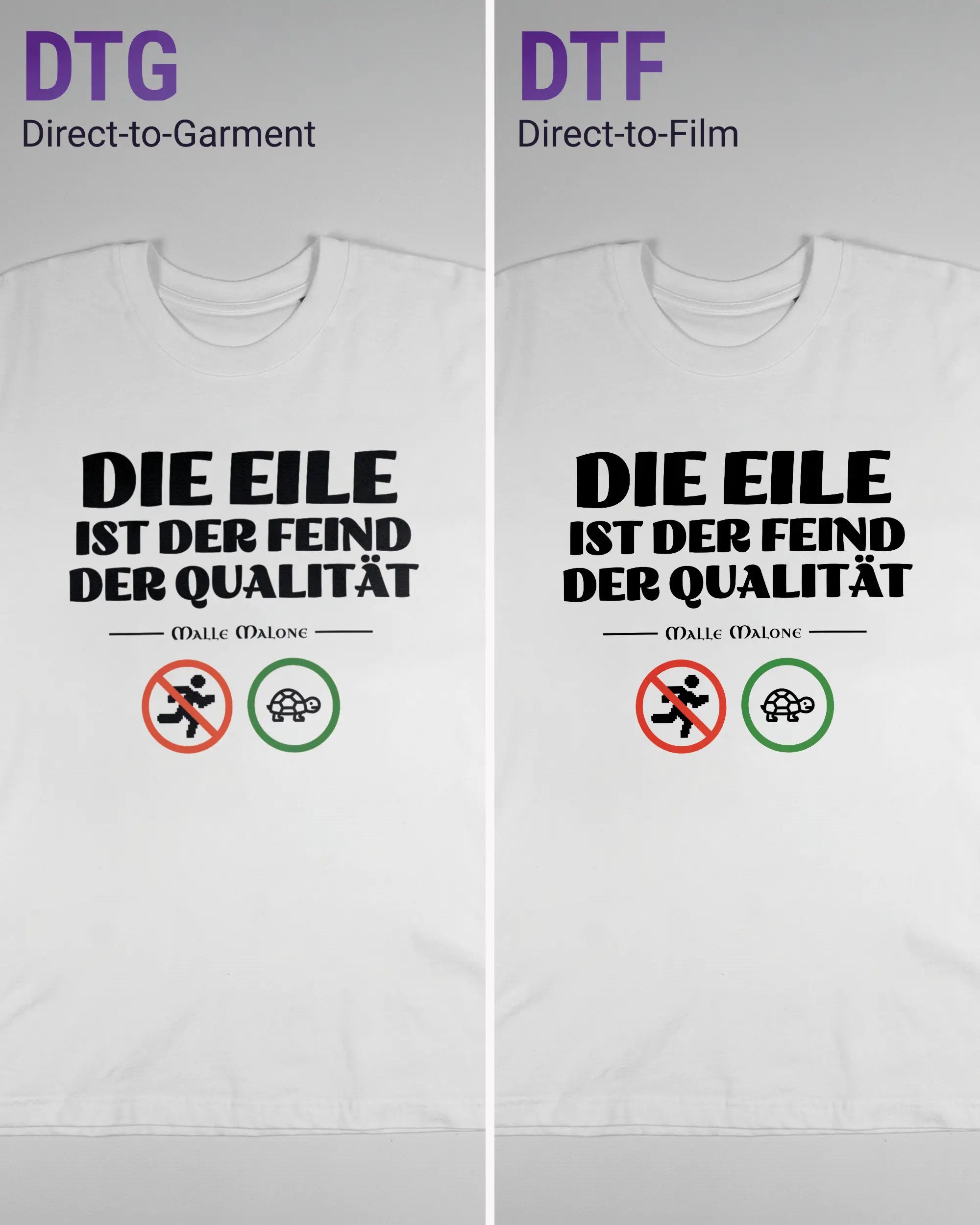 Vergleich der Vorderseiten des Basic Unisex T-Shirt Oversized von Maondo mit dem Design Keine Eile in der Farbe White und in der Größe L links mit dem Direct-to-Garment und rechts mit dem Direct-to-Film Verfahren