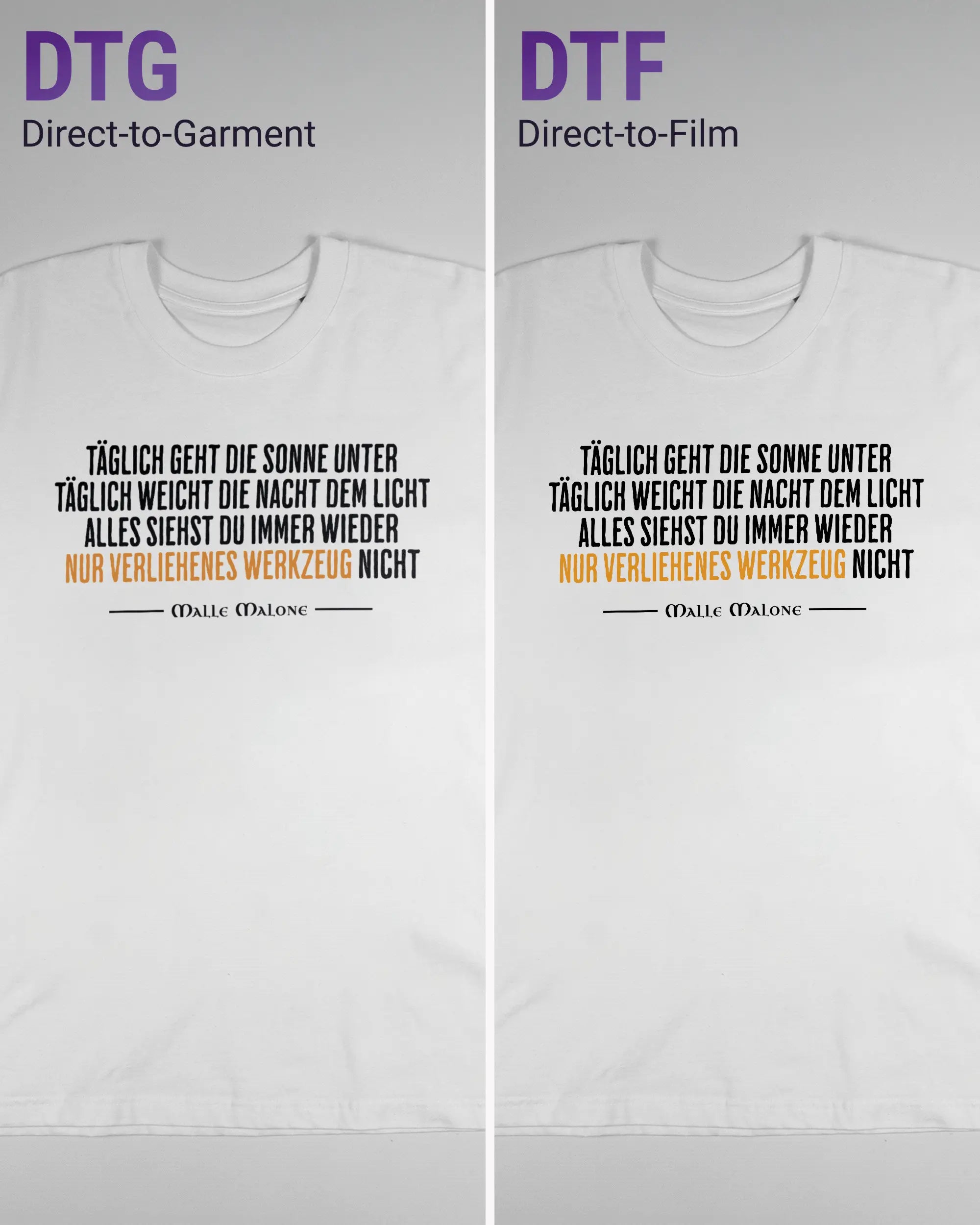 Vergleich der Vorderseiten des Basic Unisex T-Shirt Oversized von Maondo mit dem Design Wegzeug in der Farbe White und in der Größe L links mit dem Direct-to-Garment und rechts mit dem Direct-to-Film Verfahren