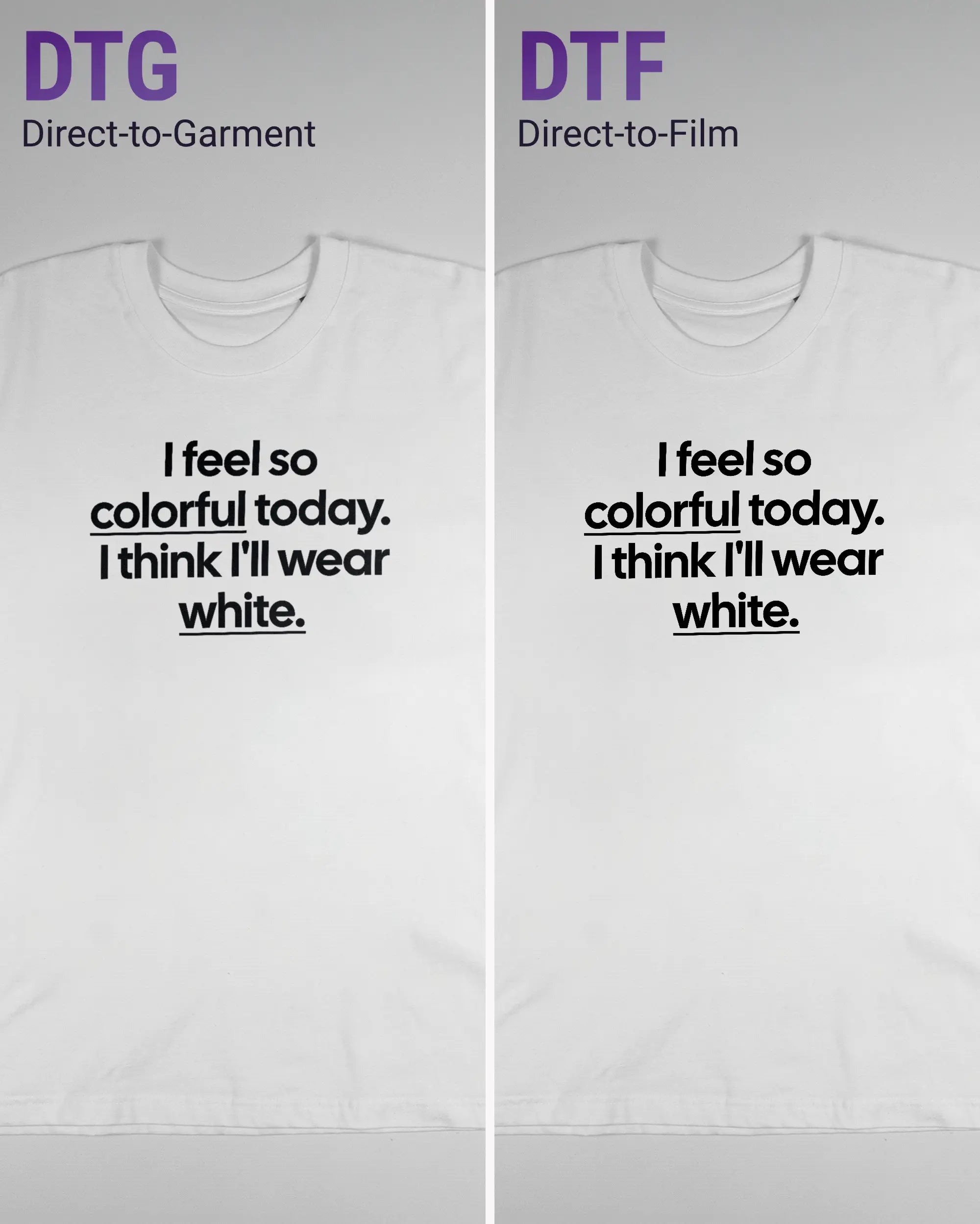 Vergleich der Vorderseiten des Basic Unisex T-Shirt Oversized von Maondo mit dem Design Colorful Day in der Farbe White und in der Größe L links mit dem Direct-to-Garment und rechts mit dem Direct-to-Film Verfahren