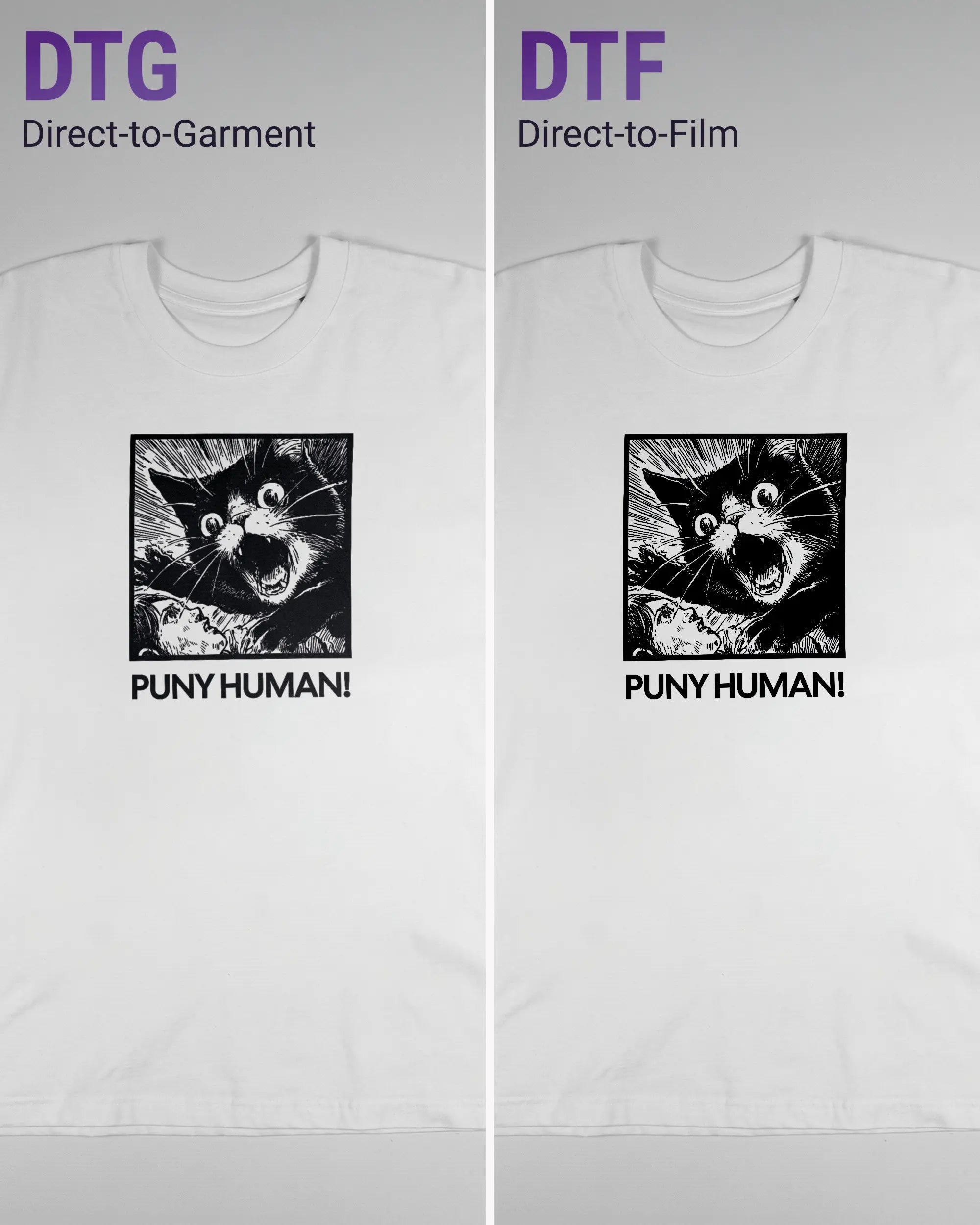 Vergleich der Vorderseiten des Basic Unisex T-Shirt Oversized von Maondo mit dem Design Puny Human in der Farbe White und in der Größe L links mit dem Direct-to-Garment und rechts mit dem Direct-to-Film Verfahren