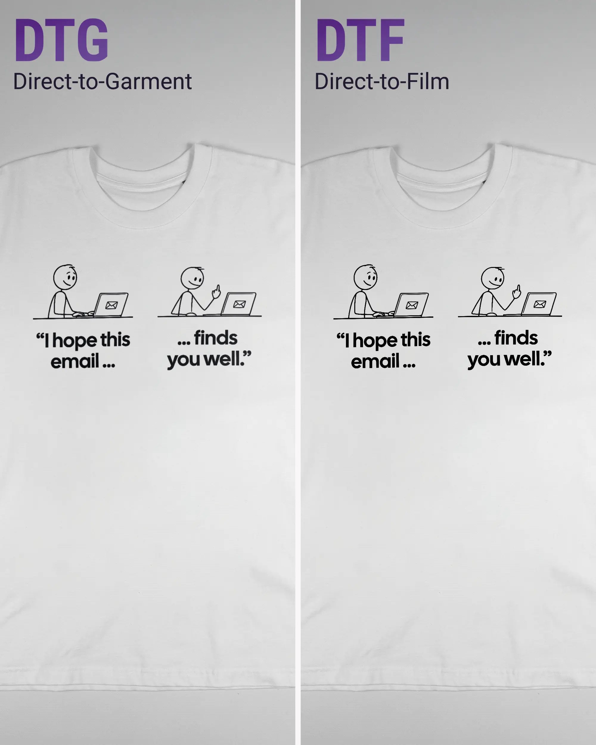 Vergleich der Vorderseiten des Basic Unisex T-Shirt Oversized von Maondo mit dem Design Found me not well in der Farbe White und in der Größe L links mit dem Direct-to-Garment und rechts mit dem Direct-to-Film Verfahren