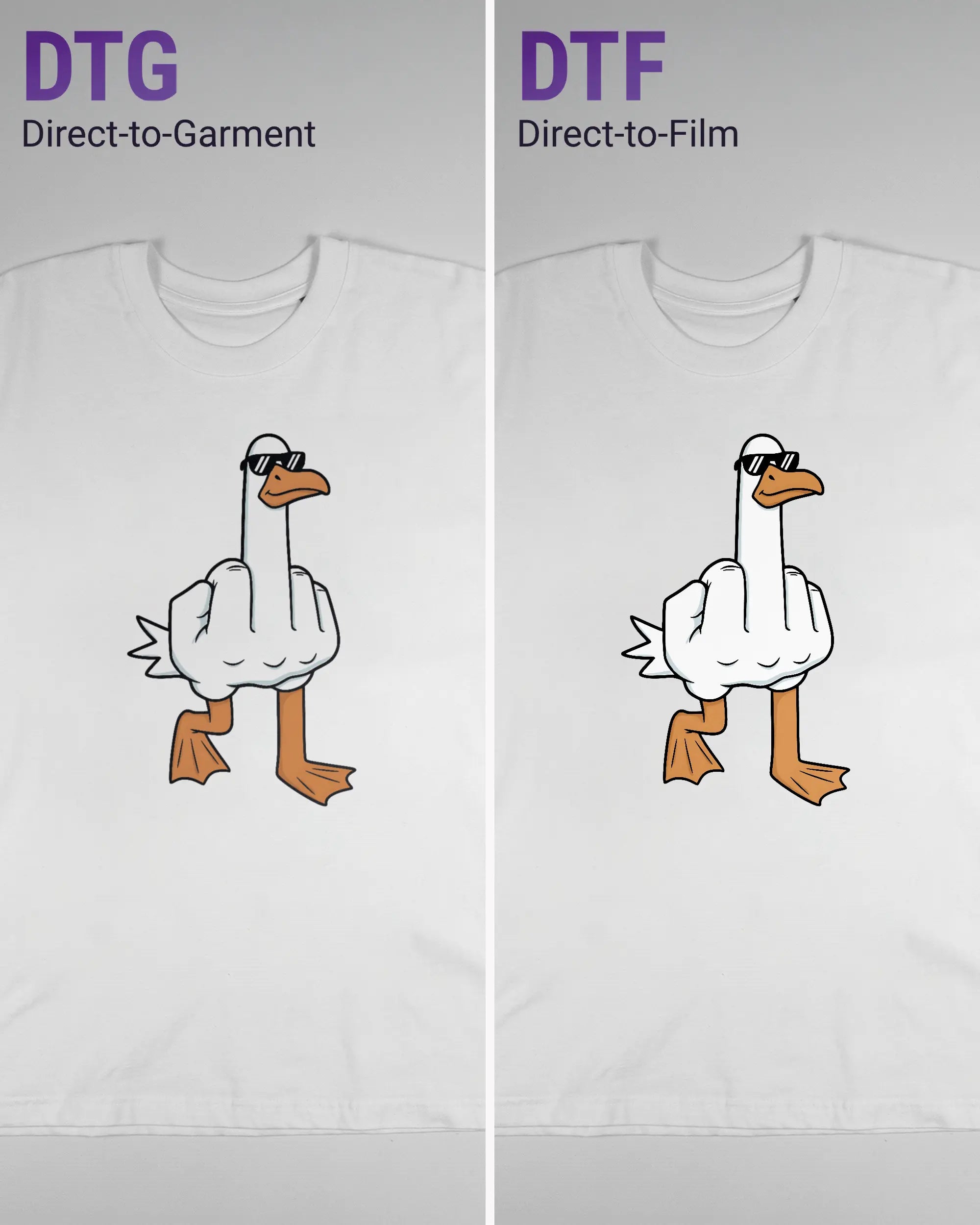 Vergleich der Vorderseiten des Basic Unisex T-Shirt Oversized von Maondo mit dem Design I give a duck in der Farbe White und in der Größe L links mit dem Direct-to-Garment und rechts mit dem Direct-to-Film Verfahren