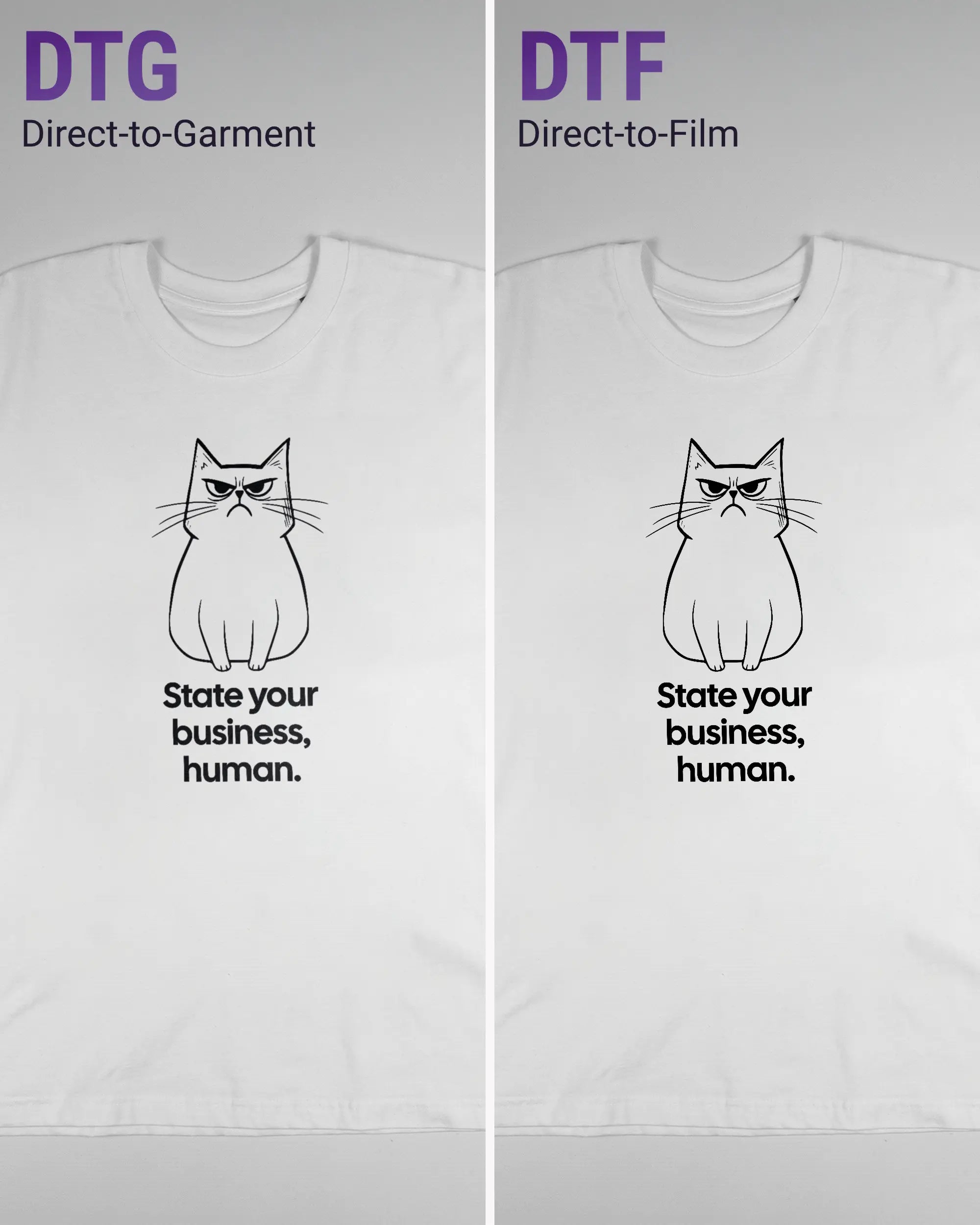 Vergleich der Vorderseiten des Basic Unisex T-Shirt Oversized von Maondo mit dem Design Grumpy Purr in der Farbe White und in der Größe L links mit dem Direct-to-Garment und rechts mit dem Direct-to-Film Verfahren