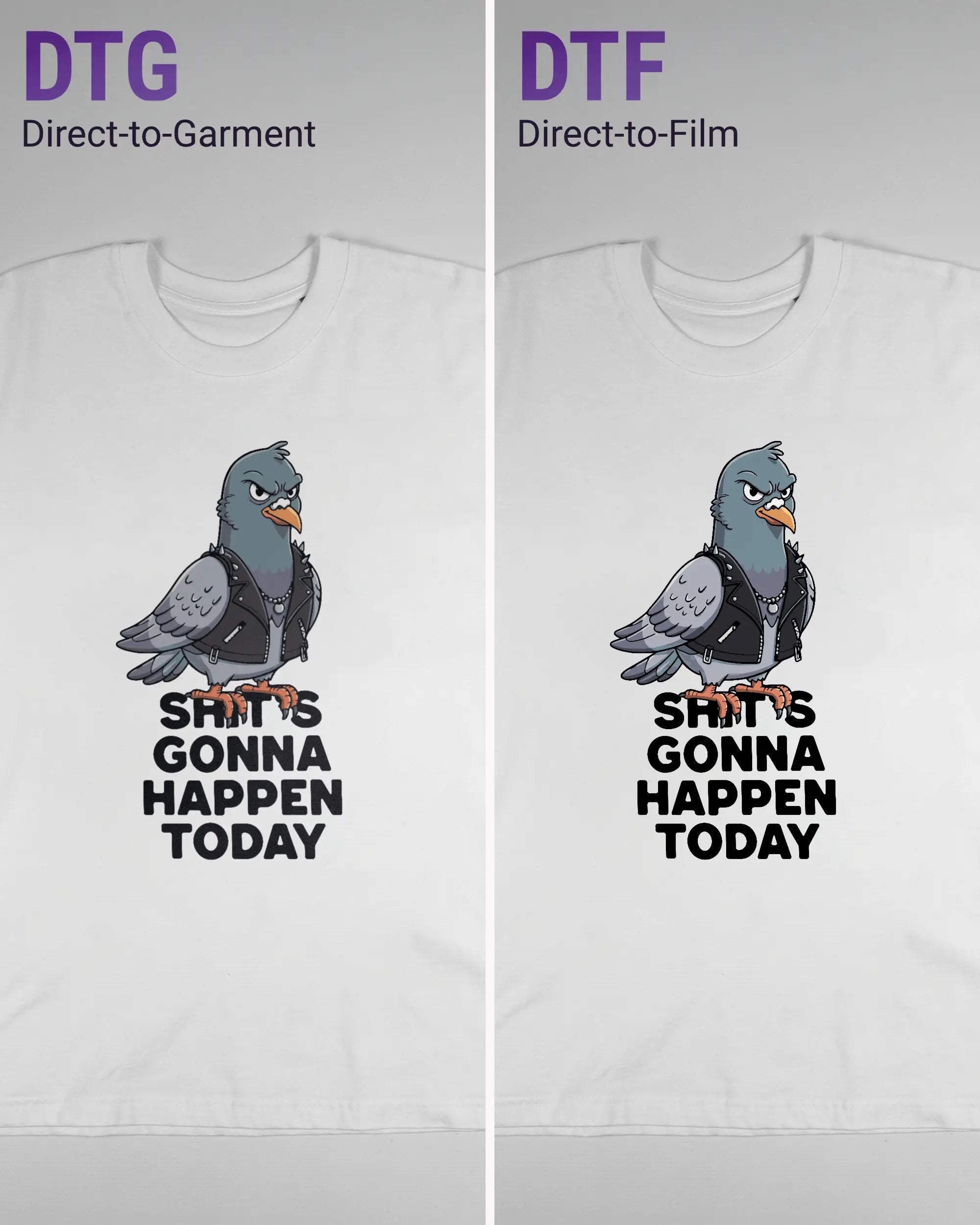 Vergleich der Vorderseiten des Basic Unisex T-Shirt Oversized von Maondo mit dem Design Pigeon Pun in der Farbe White und in der Größe L links mit dem Direct-to-Garment und rechts mit dem Direct-to-Film Verfahren