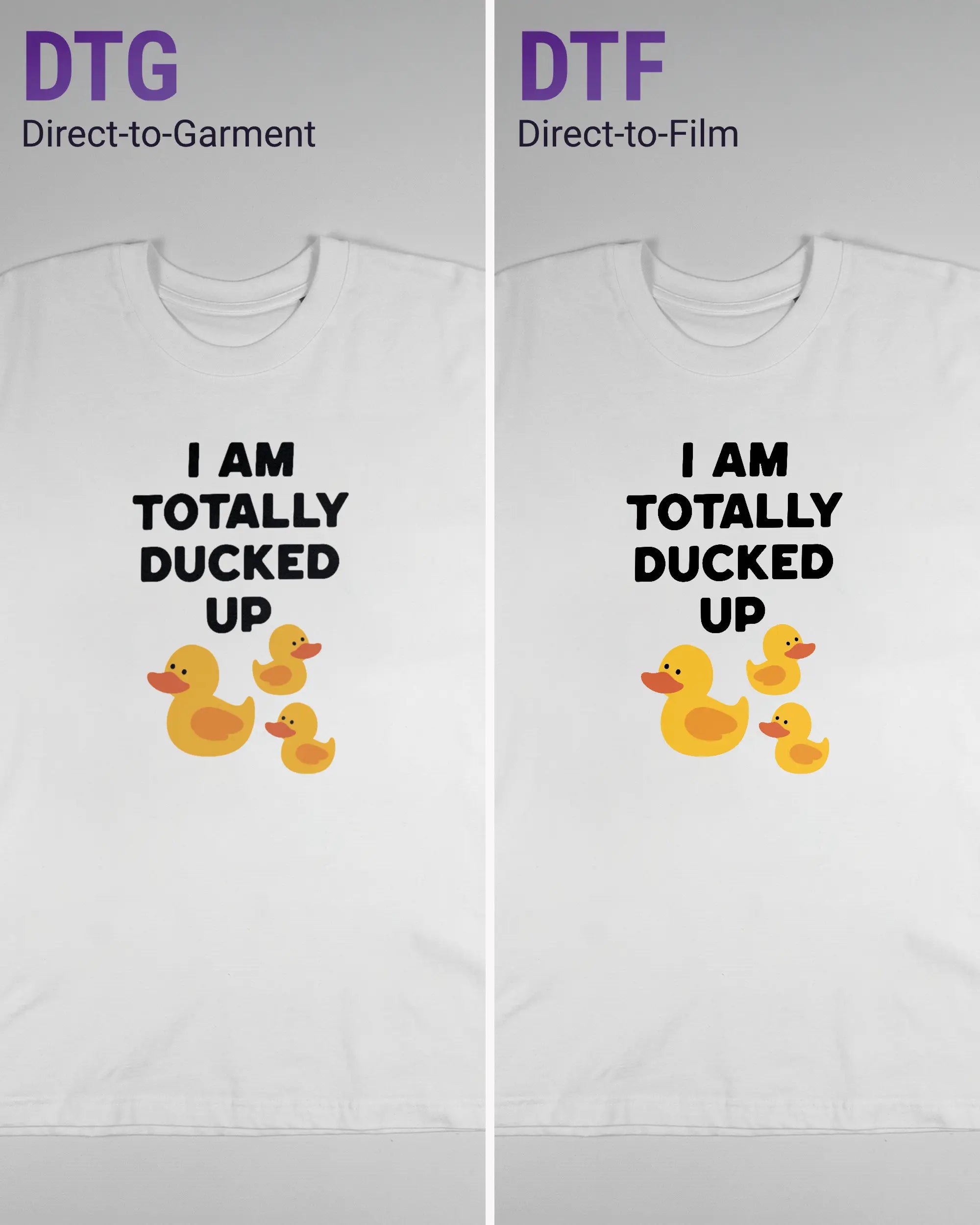 Vergleich der Vorderseiten des Basic Unisex T-Shirt Oversized von Maondo mit dem Design Ducked Up in der Farbe White und in der Größe L links mit dem Direct-to-Garment und rechts mit dem Direct-to-Film Verfahren
