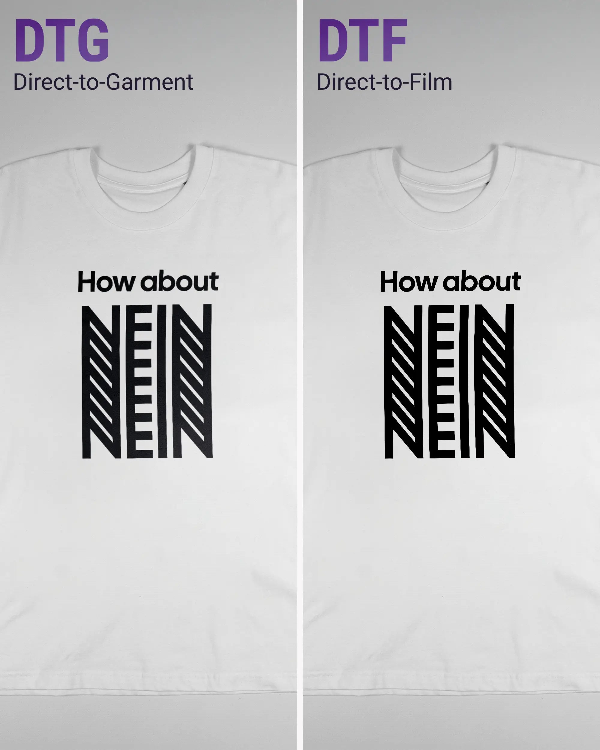 Vergleich der Vorderseiten des Basic Unisex T-Shirt Oversized von Maondo mit dem Design How about nein in der Farbe White und in der Größe L links mit dem Direct-to-Garment und rechts mit dem Direct-to-Film Verfahren