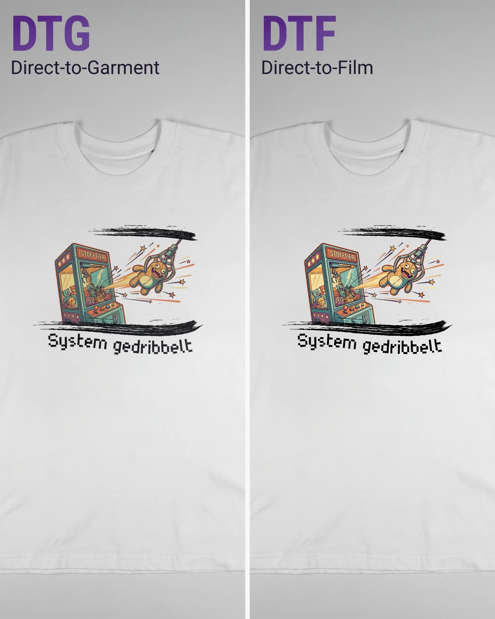 Vergleich der Vorderseiten des Basic Unisex T-Shirt Oversized von Maondo mit dem Design System gedribbelt in der Farbe White und in der Größe L links mit dem Direct-to-Garment und rechts mit dem Direct-to-Film Verfahren