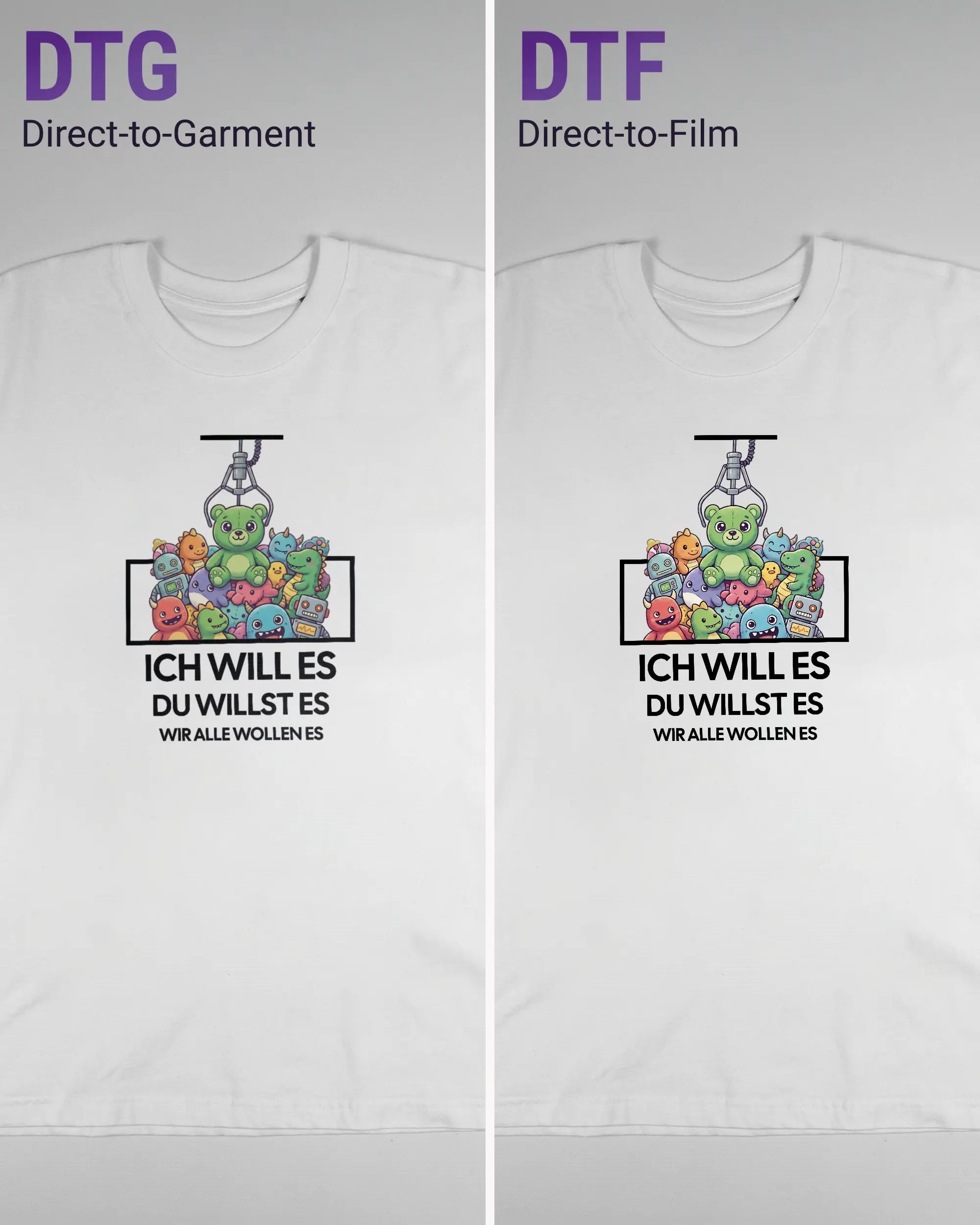 Vergleich der Vorderseiten des Basic Unisex T-Shirt Oversized von Maondo mit dem Design Will Stofftier in der Farbe White und in der Größe L links mit dem Direct-to-Garment und rechts mit dem Direct-to-Film Verfahren
