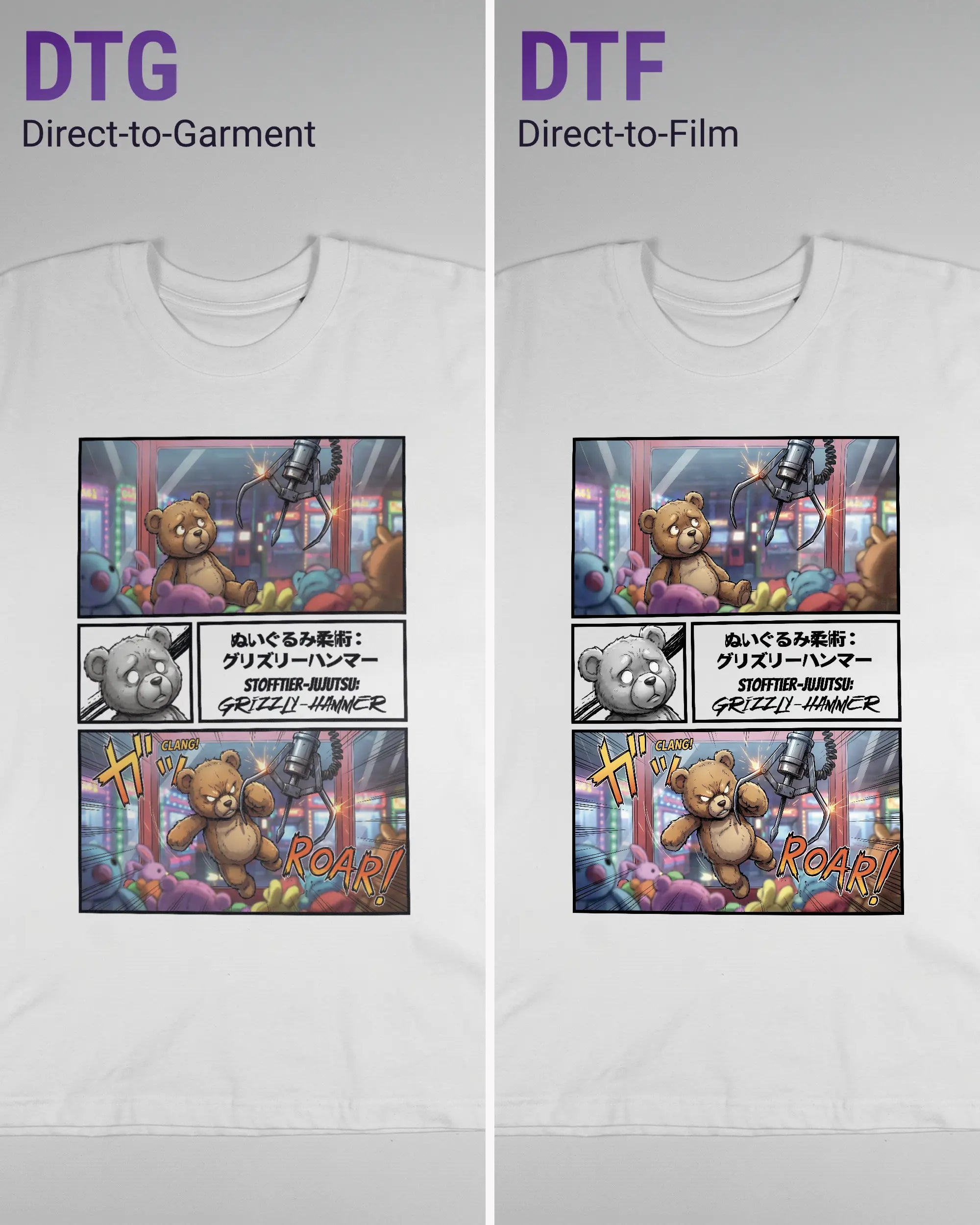 Vergleich der Vorderseiten des Basic Unisex T-Shirt Oversized von Maondo mit dem Design Manga Stoff in der Farbe White und in der Größe L links mit dem Direct-to-Garment und rechts mit dem Direct-to-Film Verfahren