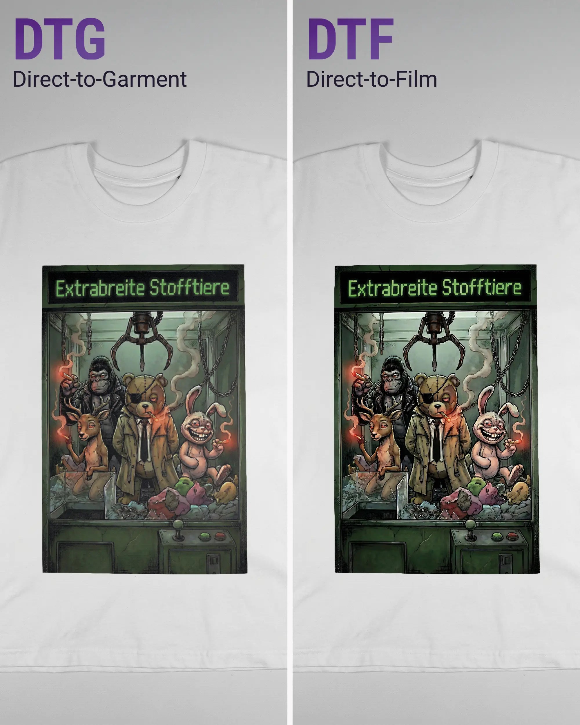 Vergleich der Vorderseiten des Basic Unisex T-Shirt Oversized von Maondo mit dem Design Extrabreit in der Farbe White und in der Größe L links mit dem Direct-to-Garment und rechts mit dem Direct-to-Film Verfahren