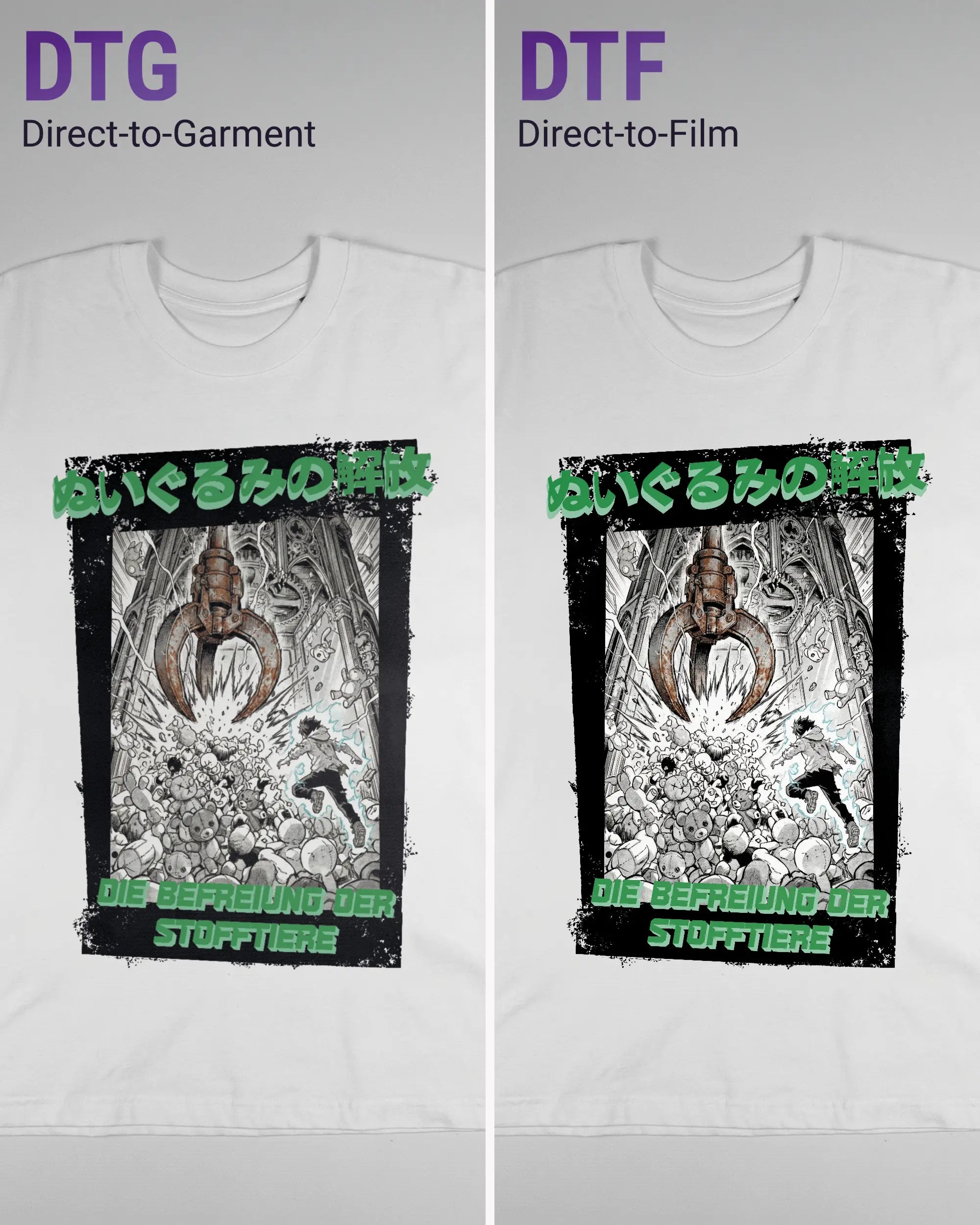 Vergleich der Vorderseiten des Basic Unisex T-Shirt Oversized von Maondo mit dem Design Save 1 Stofftier in der Farbe White und in der Größe L links mit dem Direct-to-Garment und rechts mit dem Direct-to-Film Verfahren