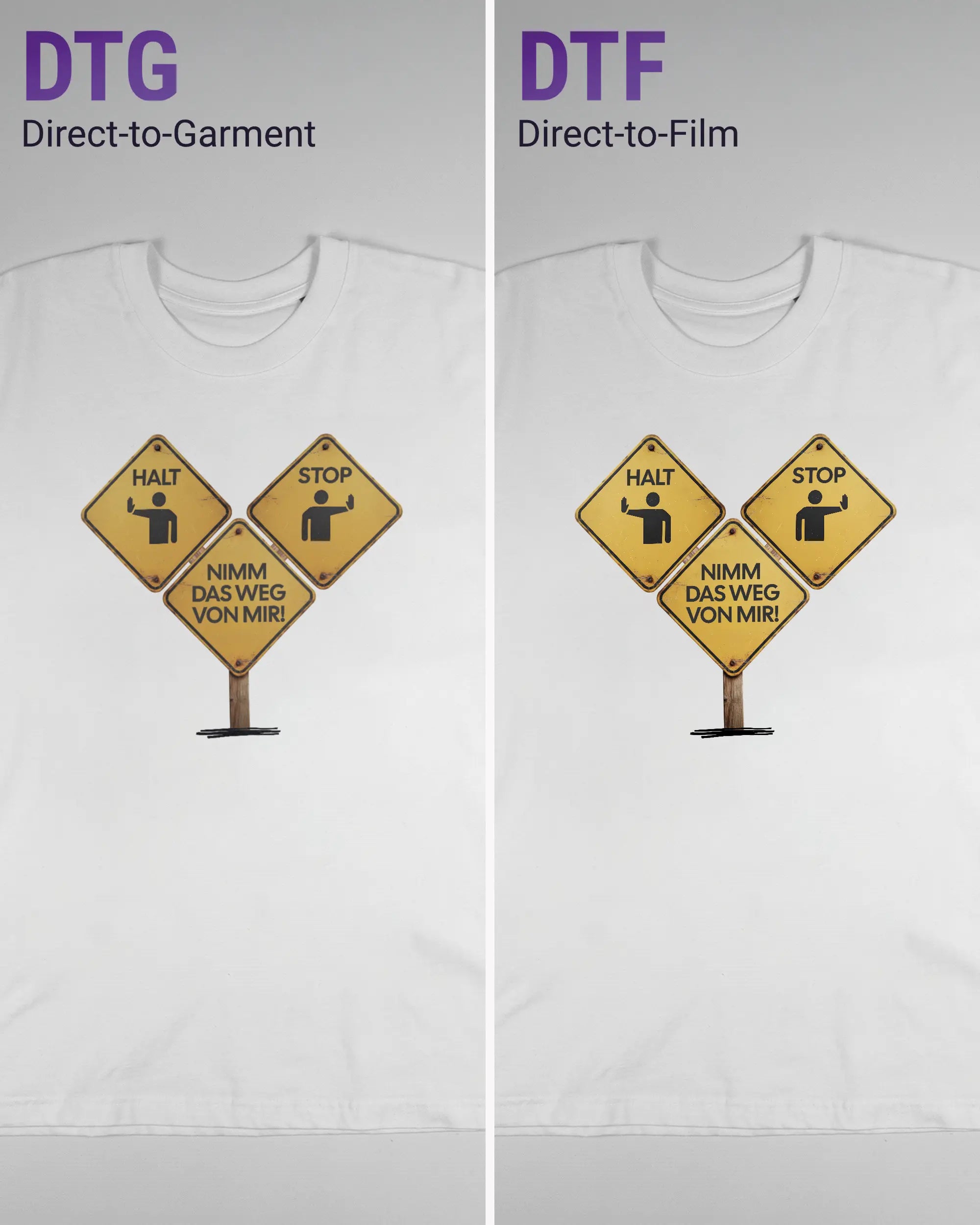 Vergleich der Vorderseiten des Basic Unisex T-Shirt Oversized von Maondo mit dem Design Schutzschild in der Farbe White und in der Größe L links mit dem Direct-to-Garment und rechts mit dem Direct-to-Film Verfahren