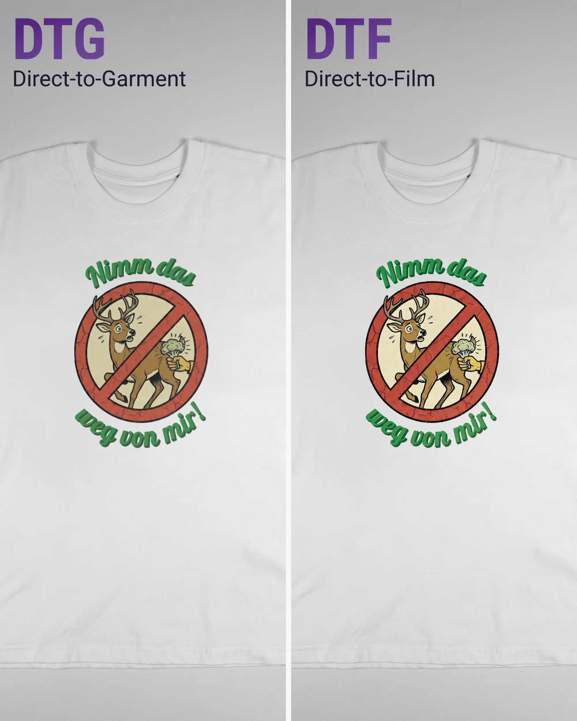 Vergleich der Vorderseiten des Basic Unisex T-Shirt Oversized von Maondo mit dem Design Reh weg in der Farbe White und in der Größe L links mit dem Direct-to-Garment und rechts mit dem Direct-to-Film Verfahren