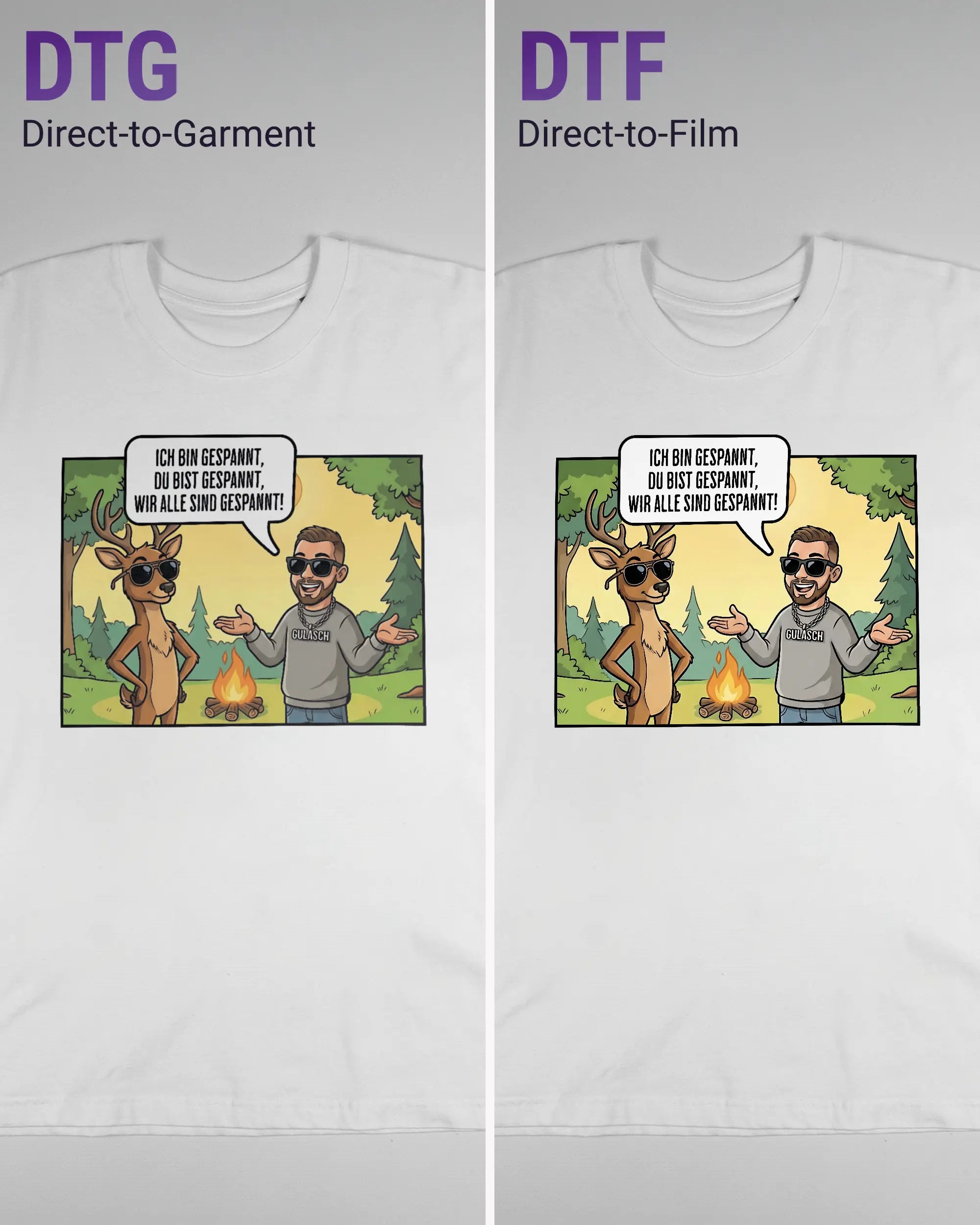 Vergleich der Vorderseiten des Basic Unisex T-Shirt Oversized von Maondo mit dem Design Vollspannung in der Farbe White und in der Größe L links mit dem Direct-to-Garment und rechts mit dem Direct-to-Film Verfahren