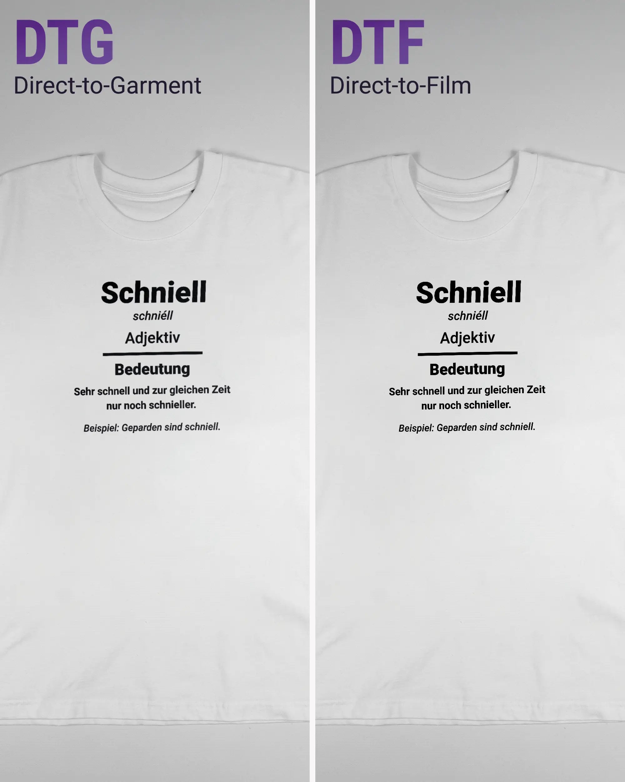 Vergleich der Vorderseiten des Basic Unisex T-Shirt Oversized von Maondo mit dem Design Schniell in der Farbe White und in der Größe L links mit dem Direct-to-Garment und rechts mit dem Direct-to-Film Verfahren