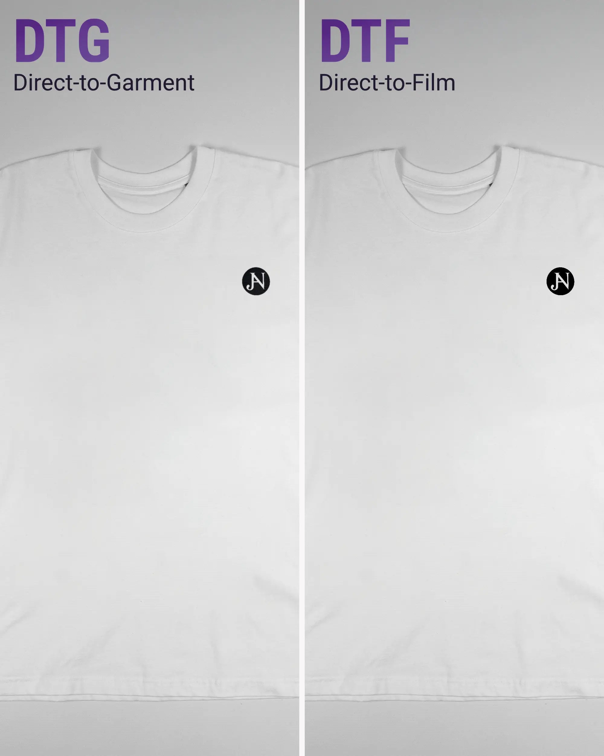 Vergleich der Vorderseiten des Basic Unisex T-Shirt Oversized von Maondo mit dem Design JB1 in der Farbe White und in der Größe L links mit dem Direct-to-Garment und rechts mit dem Direct-to-Film Verfahren