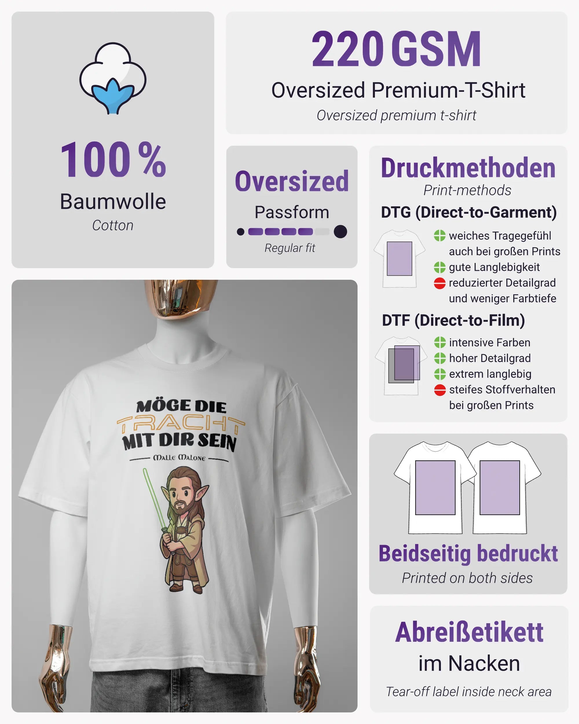 Produktinformationsblatt des Basic Unisex T-Shirt Oversized von Maondo mit dem Design Tracht mit dir vorne in der Farbe White und in der Größe S
