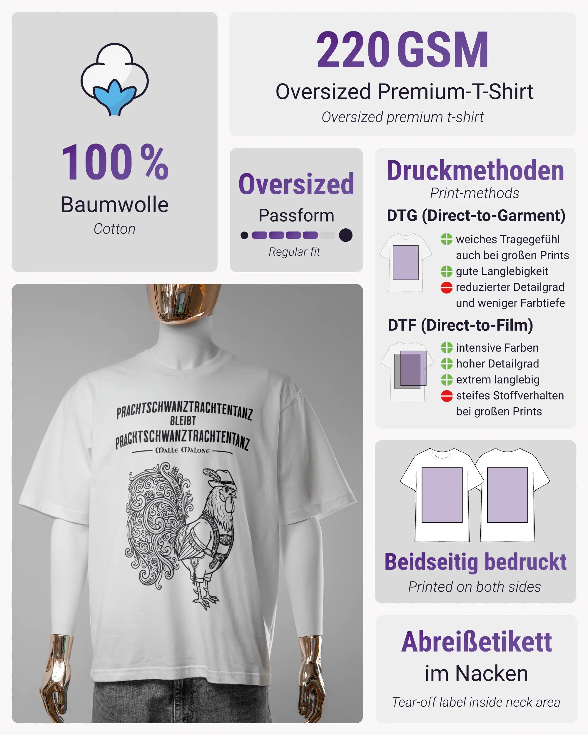 Produktinformationsblatt des Basic Unisex T-Shirt Oversized von Maondo mit dem Design Trachtentanz vorne in der Farbe White und in der Größe S