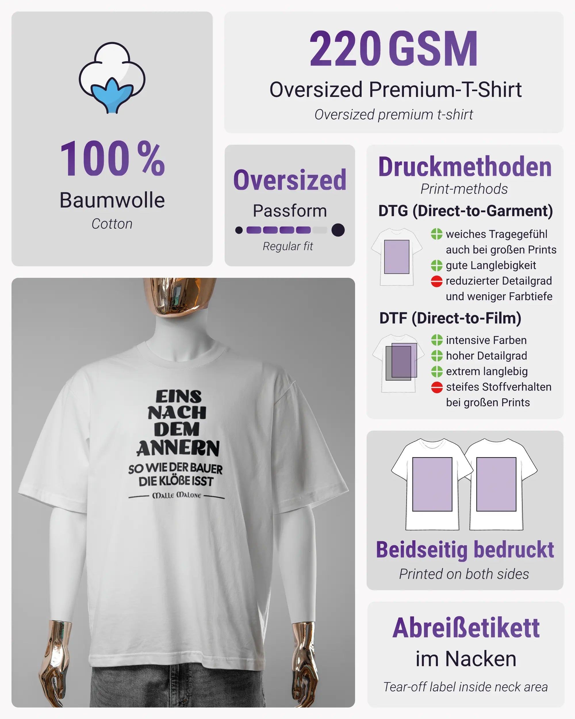 Produktinformationsblatt des Basic Unisex T-Shirt Oversized von Maondo mit dem Design Eins nach dem Annern vorne in der Farbe White und in der Größe S