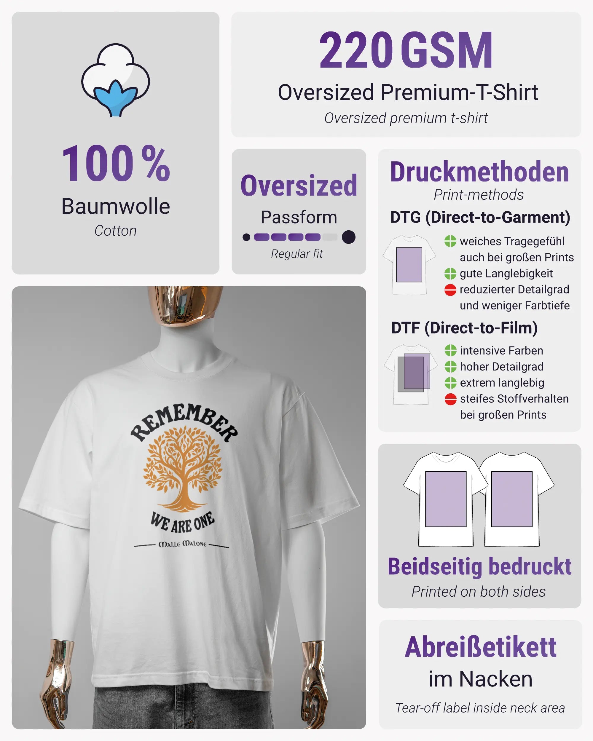 Produktinformationsblatt des Basic Unisex T-Shirt Oversized von Maondo mit dem Design We are one vorne in der Farbe White und in der Größe S