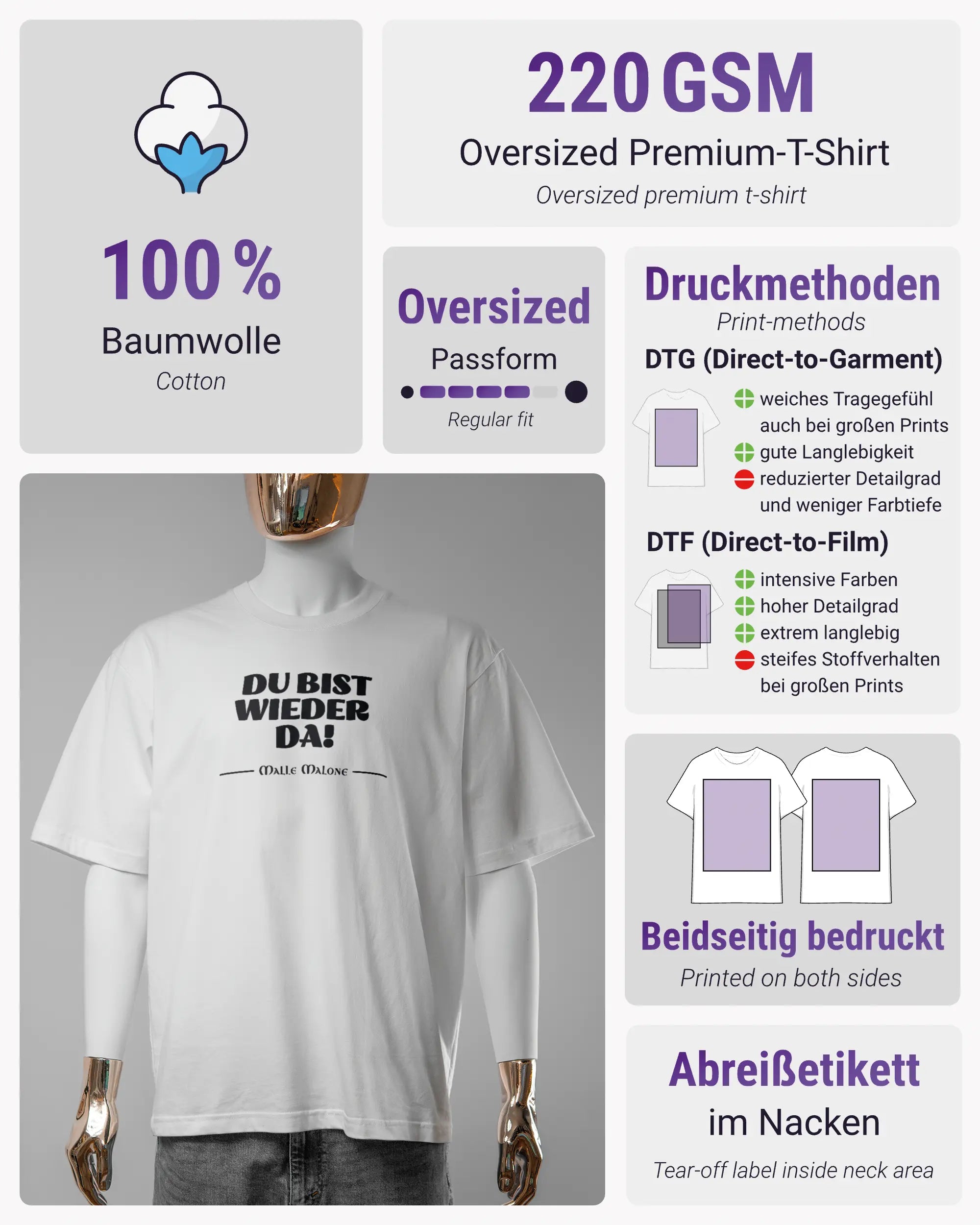 Produktinformationsblatt des Basic Unisex T-Shirt Oversized von Maondo mit dem Design Wieder da vorne in der Farbe White und in der Größe S