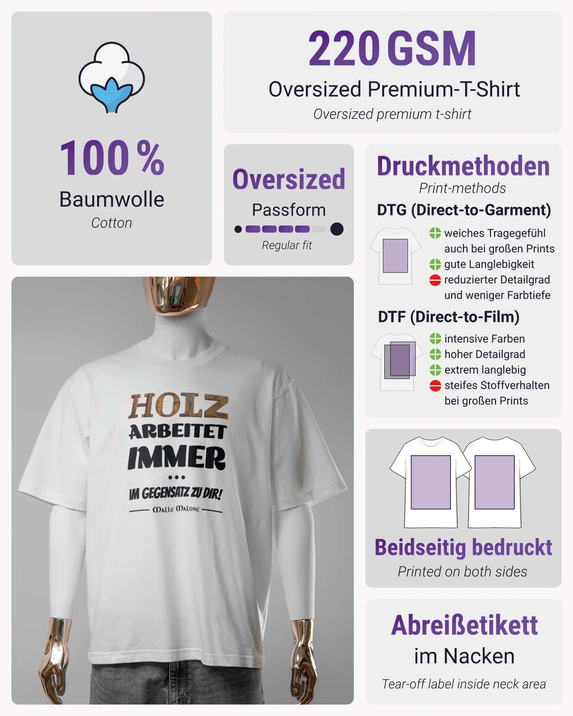 Produktinformationsblatt des Basic Unisex T-Shirt Oversized von Maondo mit dem Design Holzarbeit vorne in der Farbe White und in der Größe S