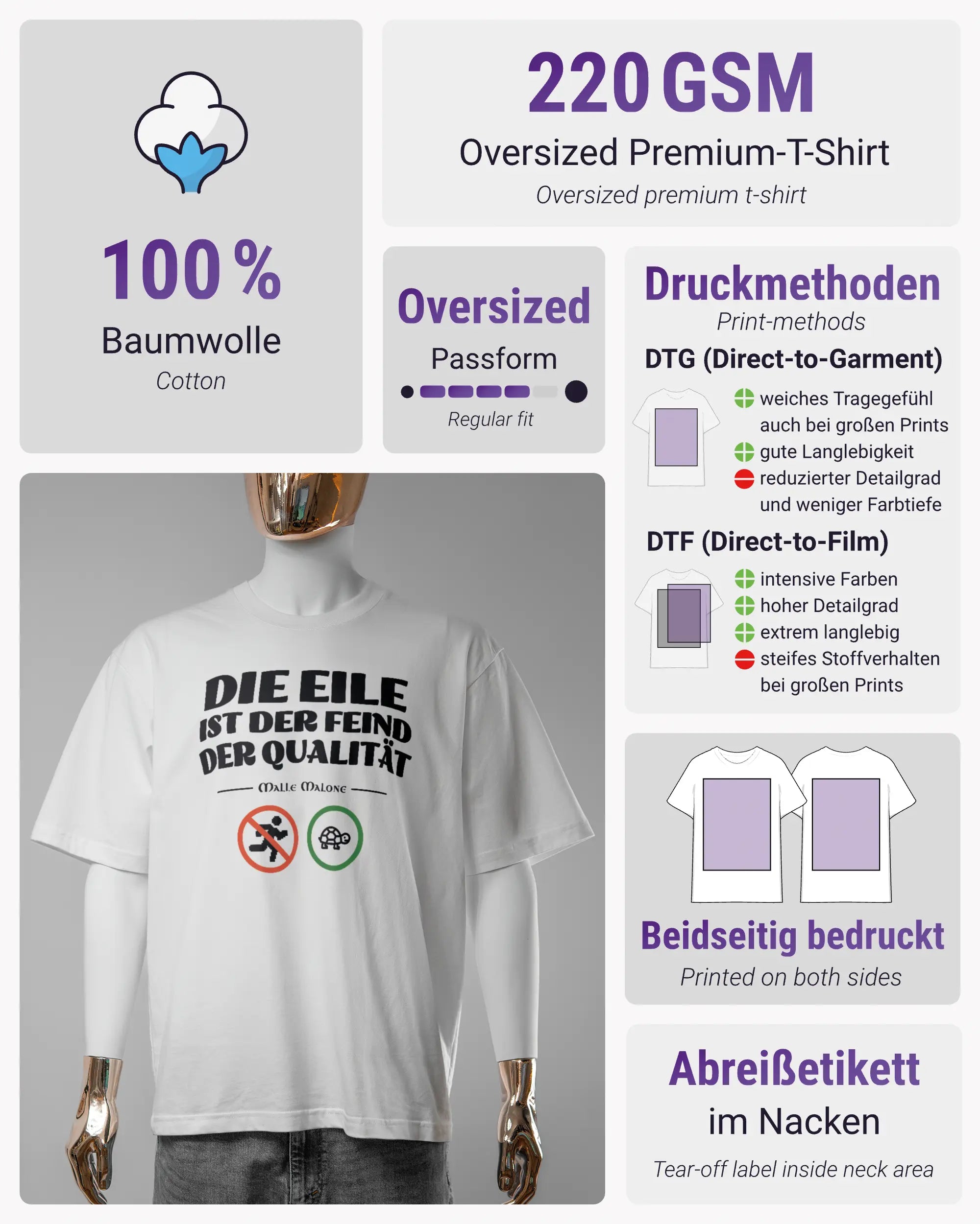 Produktinformationsblatt des Basic Unisex T-Shirt Oversized von Maondo mit dem Design Keine Eile vorne in der Farbe White und in der Größe S