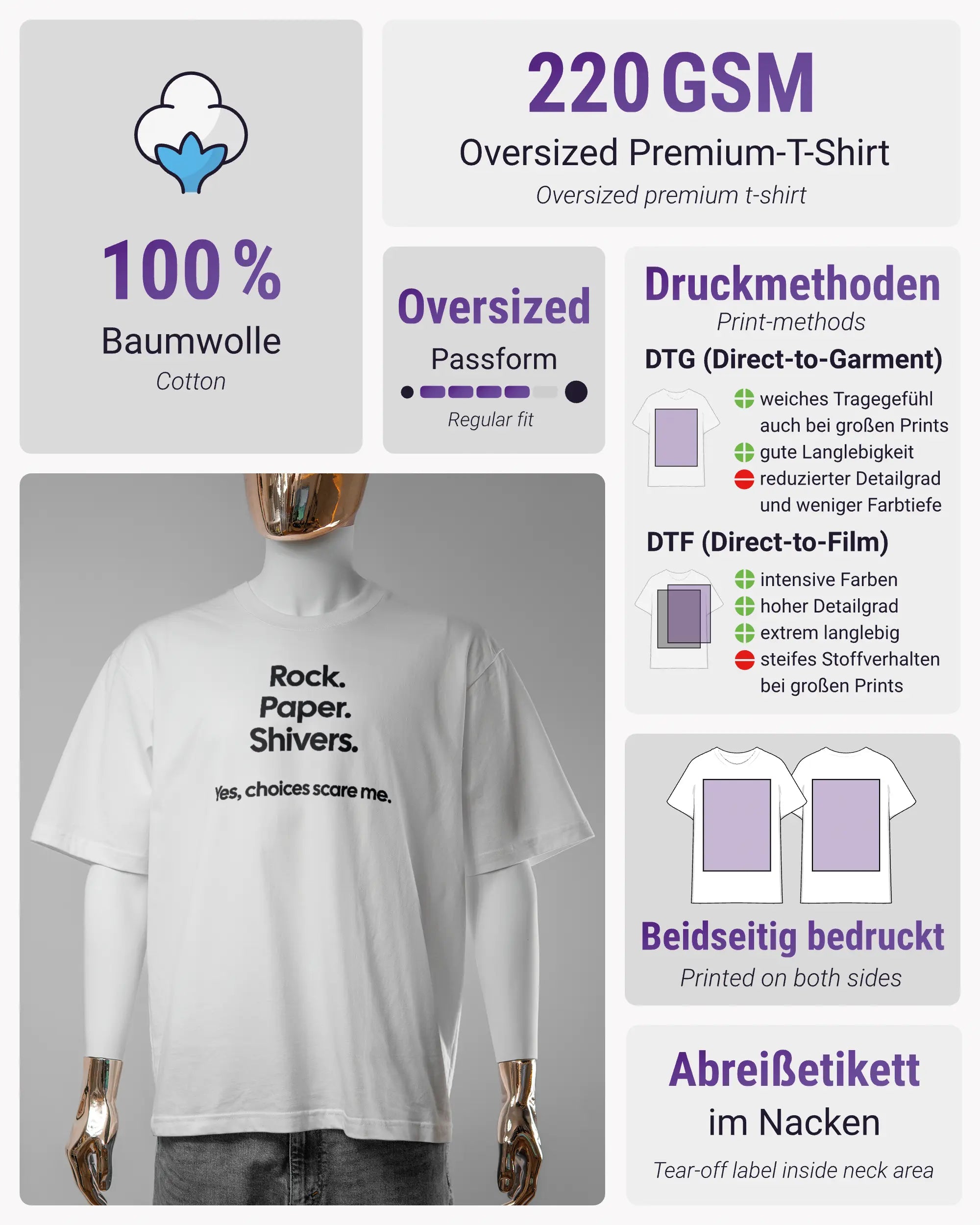Produktinformationsblatt des Basic Unisex T-Shirt Oversized von Maondo mit dem Design Rock Paper Shivers vorne in der Farbe White und in der Größe S