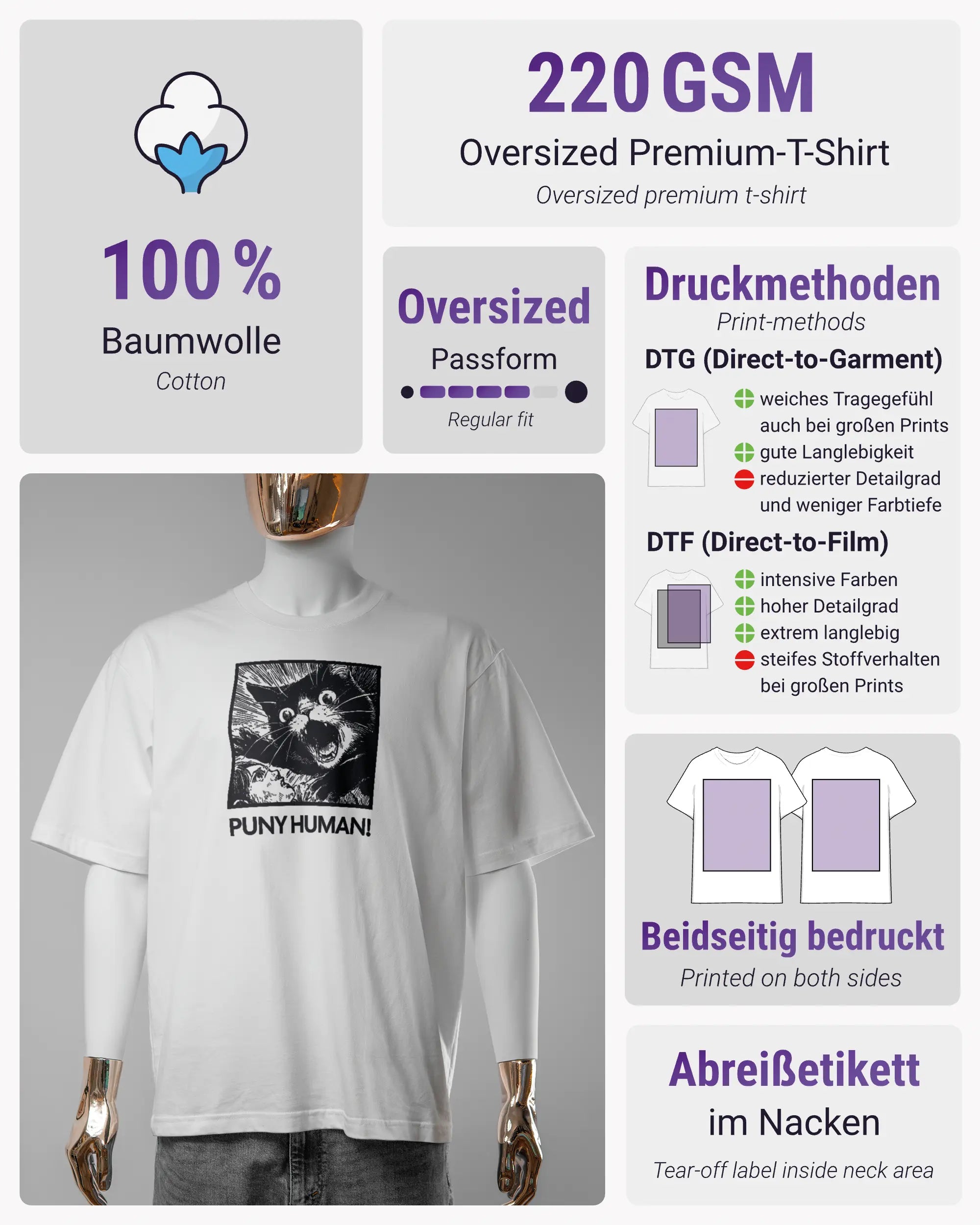 Produktinformationsblatt des Basic Unisex T-Shirt Oversized von Maondo mit dem Design Puny Human vorne in der Farbe White und in der Größe S