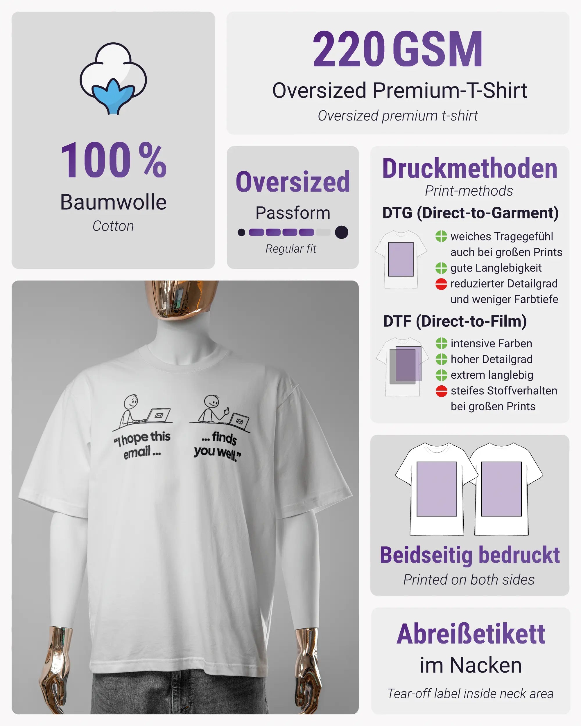 Produktinformationsblatt des Basic Unisex T-Shirt Oversized von Maondo mit dem Design Found me not well vorne in der Farbe White und in der Größe S