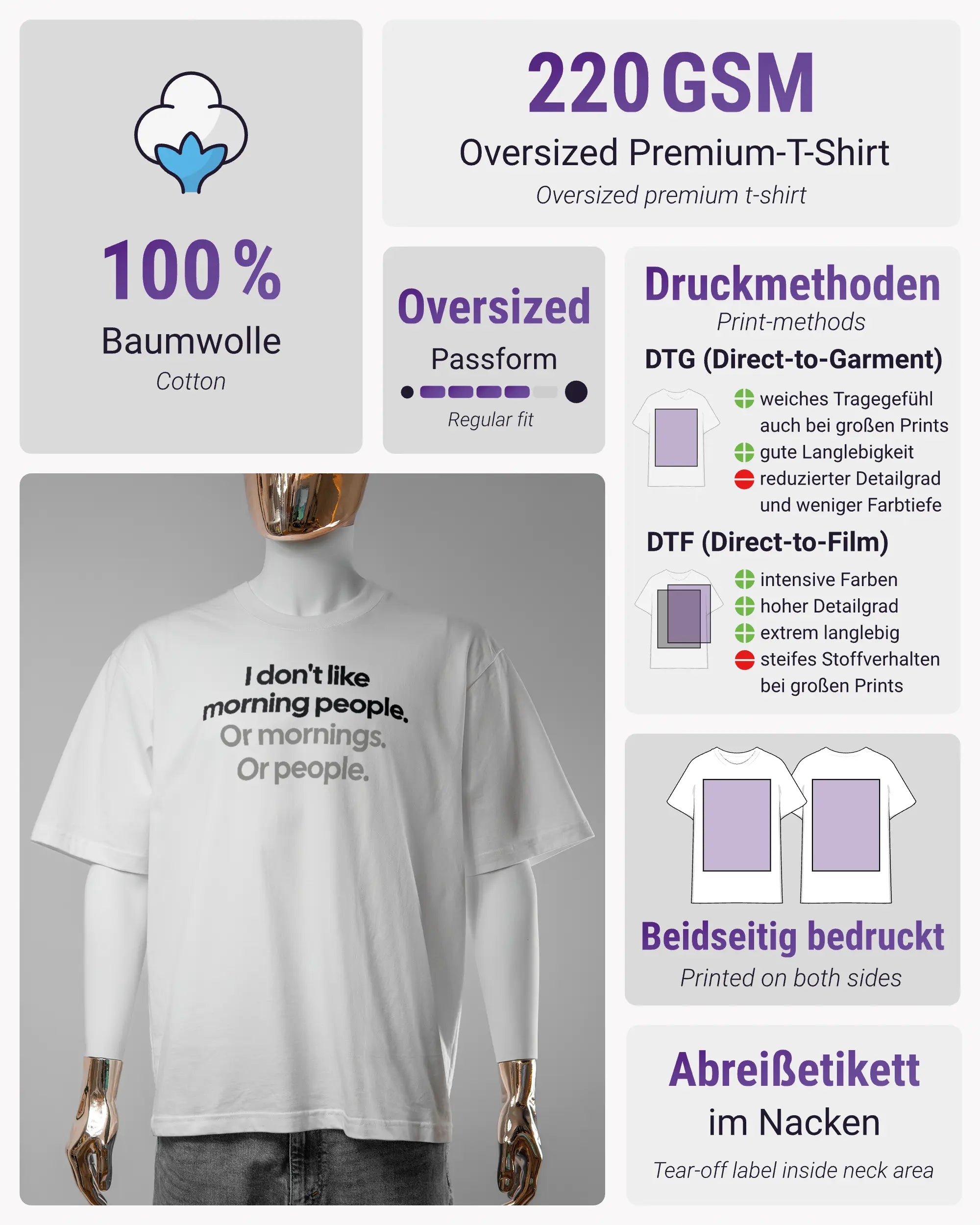 Produktinformationsblatt des Basic Unisex T-Shirt Oversized von Maondo mit dem Design Morning Person vorne in der Farbe White und in der Größe S