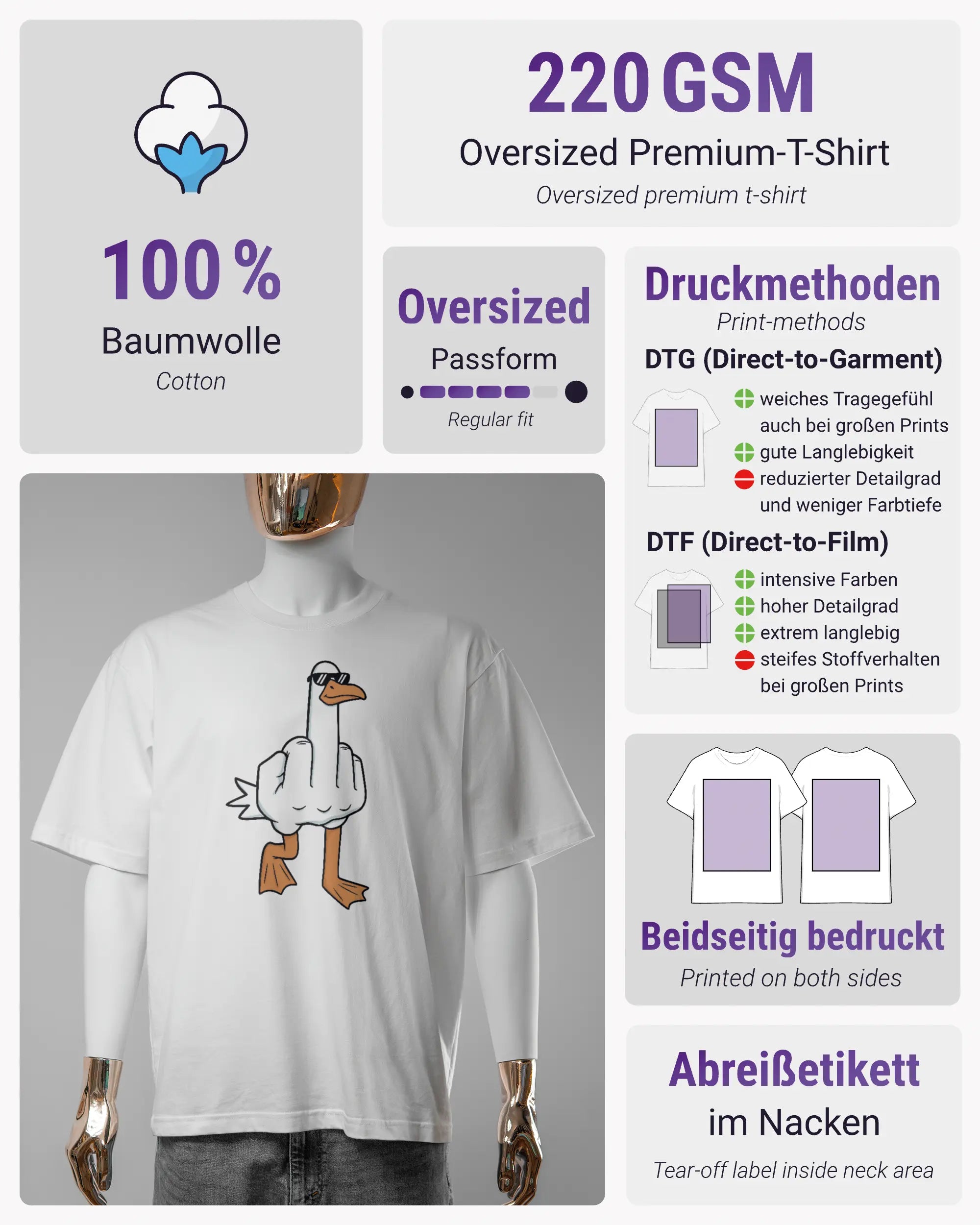 Produktinformationsblatt des Basic Unisex T-Shirt Oversized von Maondo mit dem Design I give a duck vorne in der Farbe White und in der Größe S