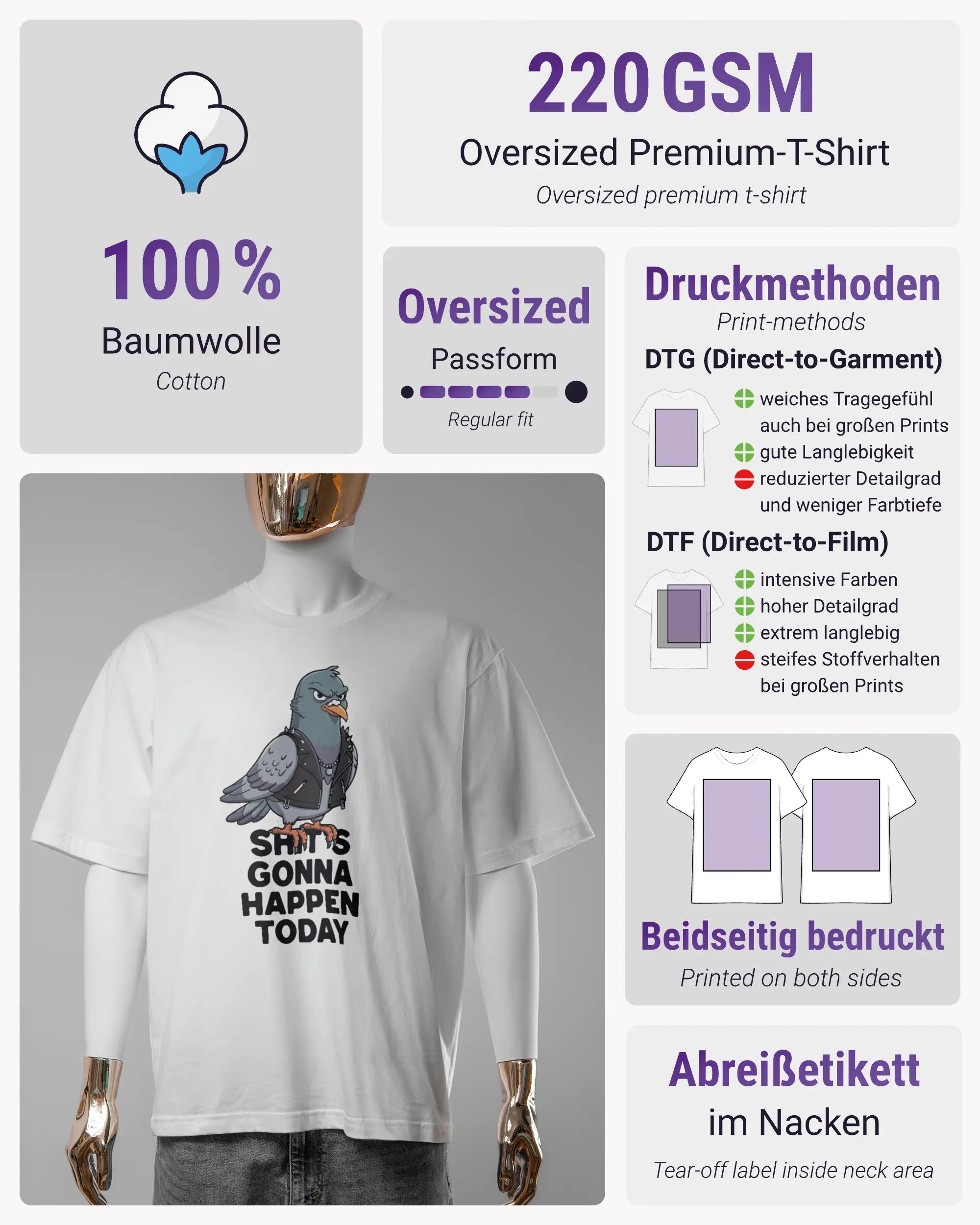 Produktinformationsblatt des Basic Unisex T-Shirt Oversized von Maondo mit dem Design Pigeon Pun vorne in der Farbe White und in der Größe S