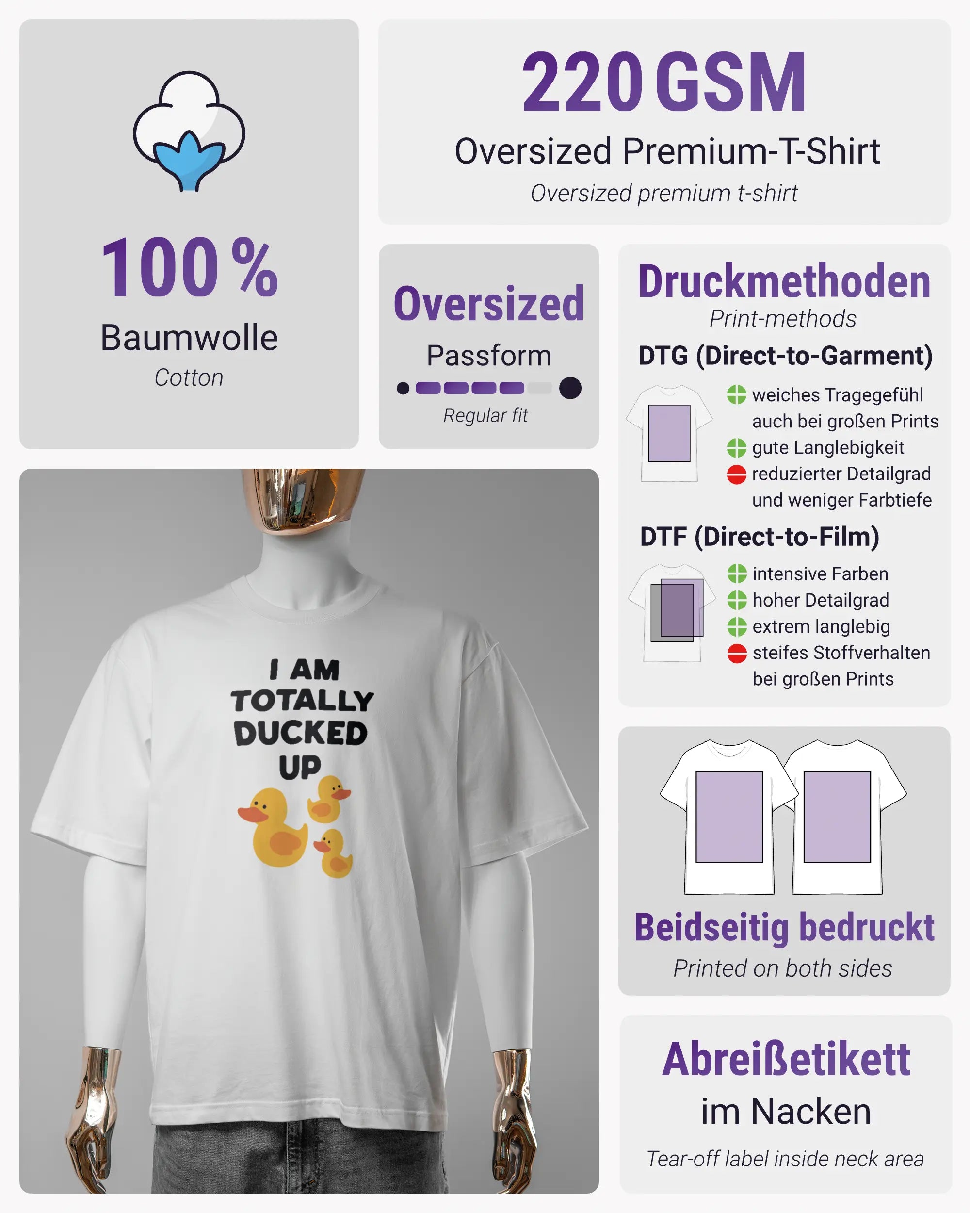 Produktinformationsblatt des Basic Unisex T-Shirt Oversized von Maondo mit dem Design Ducked Up vorne in der Farbe White und in der Größe S
