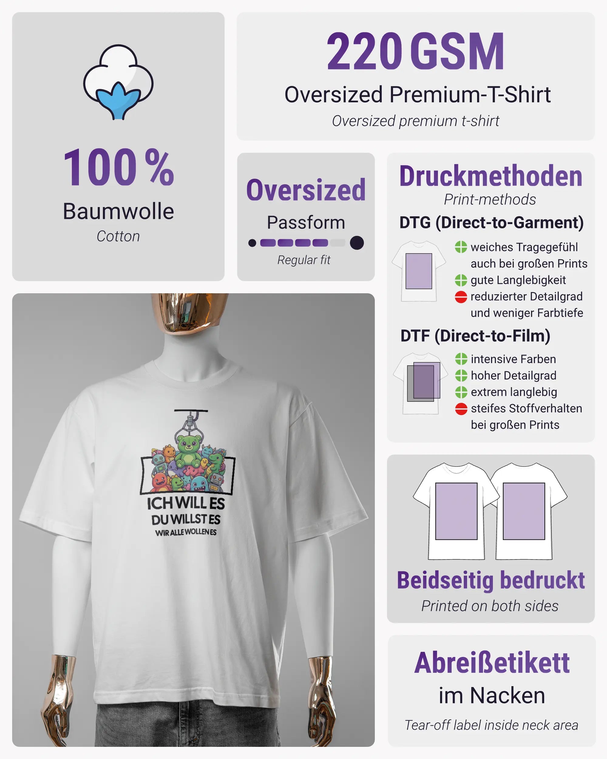 Produktinformationsblatt des Basic Unisex T-Shirt Oversized von Maondo mit dem Design Will Stofftier vorne in der Farbe White und in der Größe S