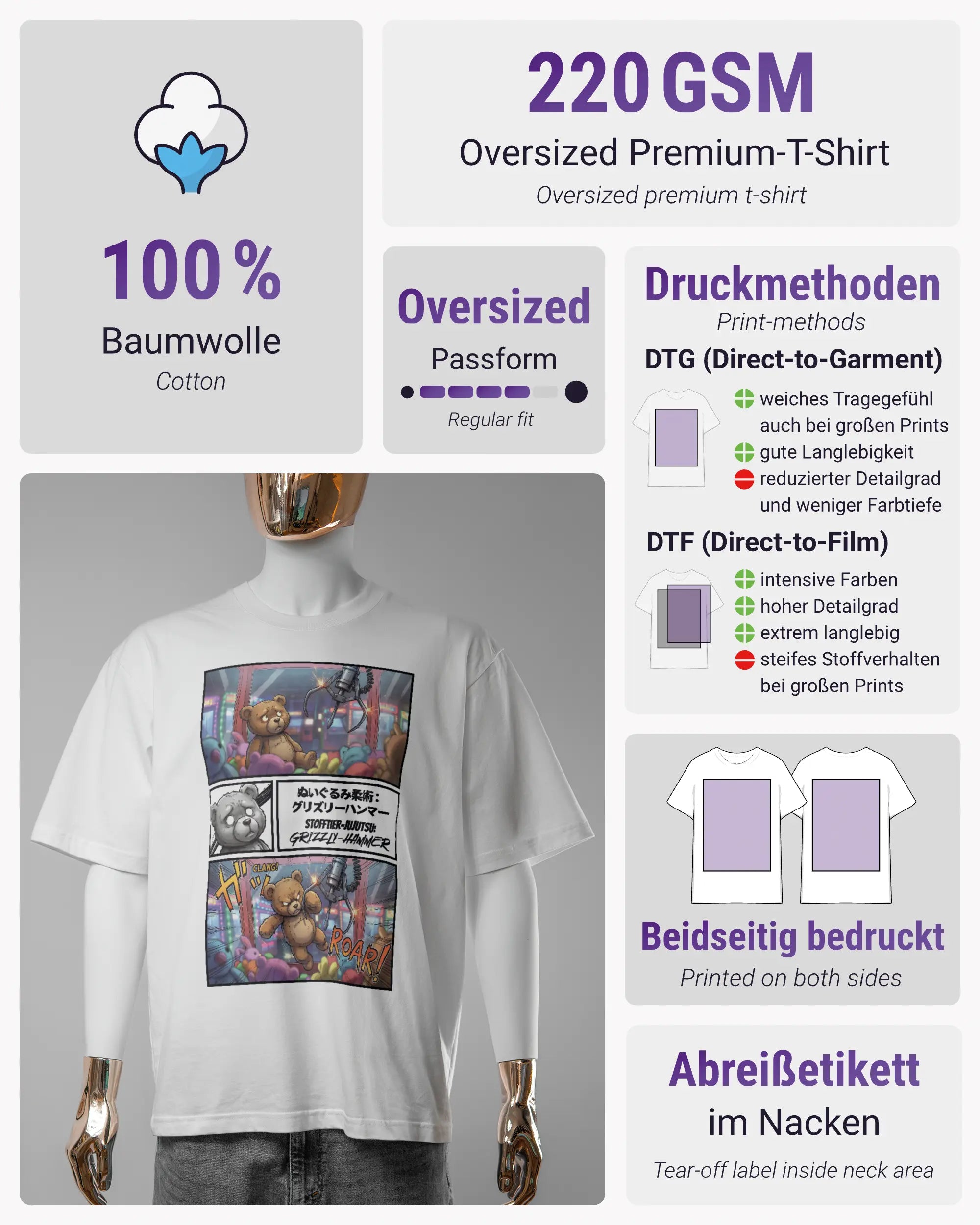 Produktinformationsblatt des Basic Unisex T-Shirt Oversized von Maondo mit dem Design Manga Stoff vorne in der Farbe White und in der Größe S