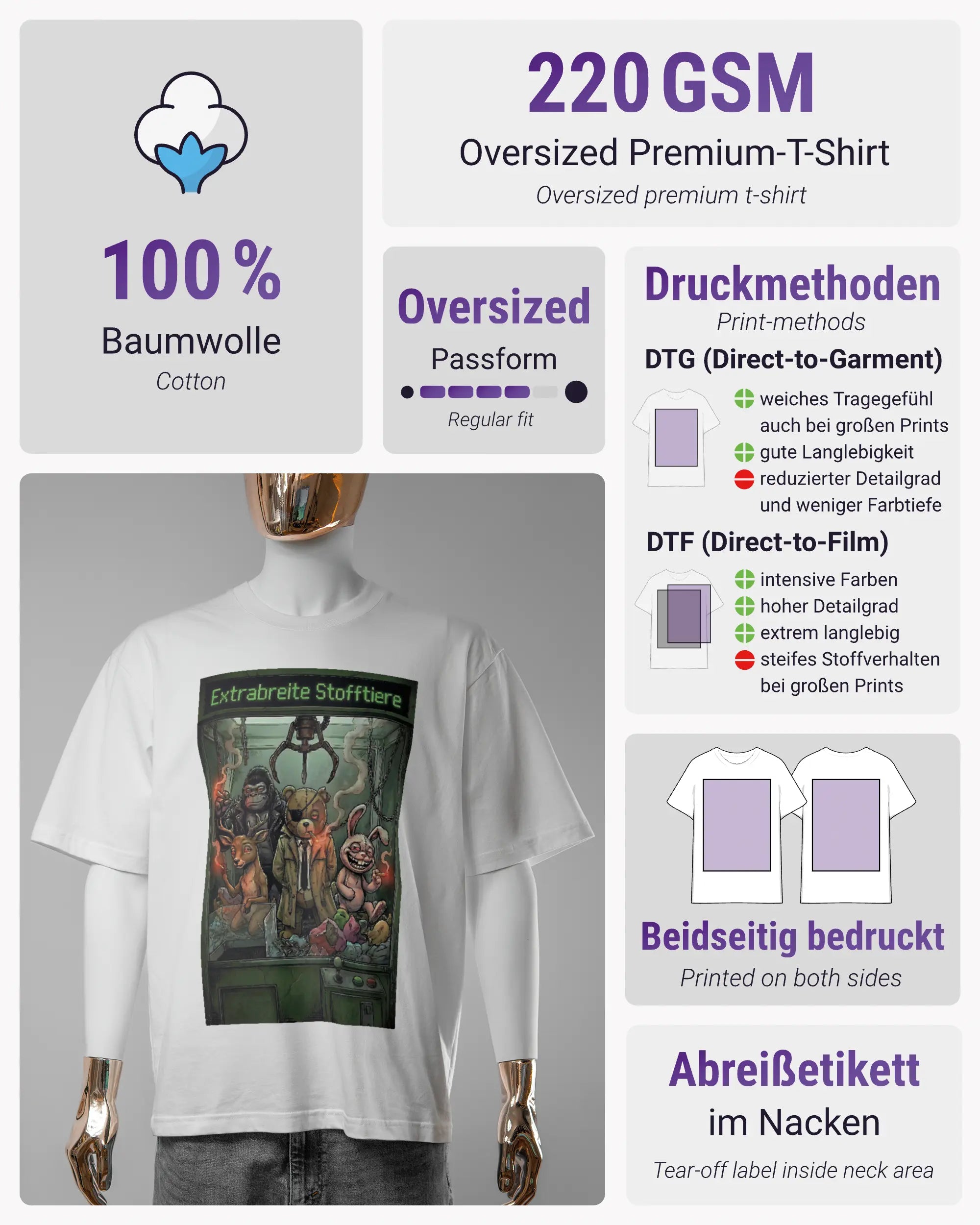 Produktinformationsblatt des Basic Unisex T-Shirt Oversized von Maondo mit dem Design Extrabreit vorne in der Farbe White und in der Größe S