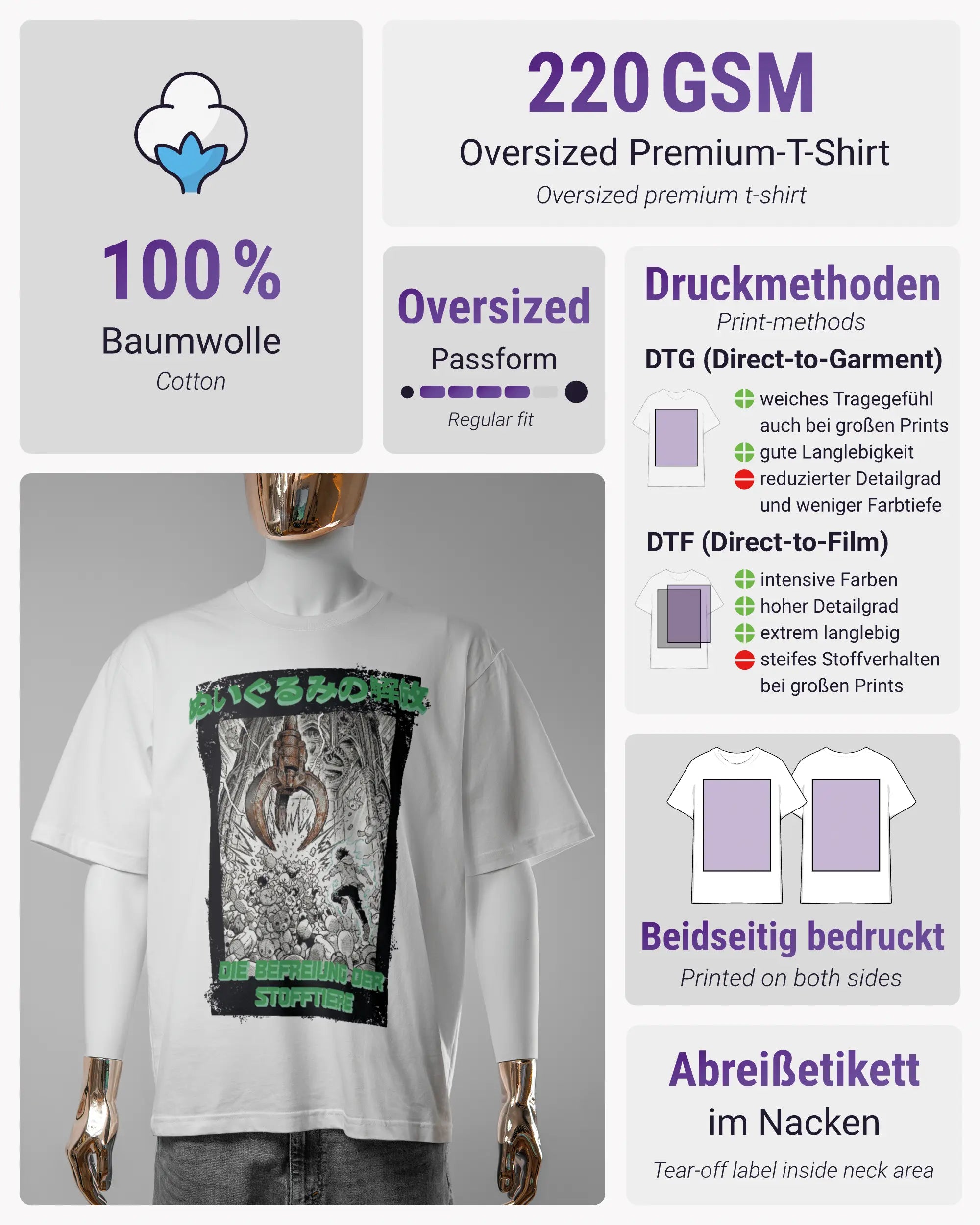 Produktinformationsblatt des Basic Unisex T-Shirt Oversized von Maondo mit dem Design Save 1 Stofftier vorne in der Farbe White und in der Größe S