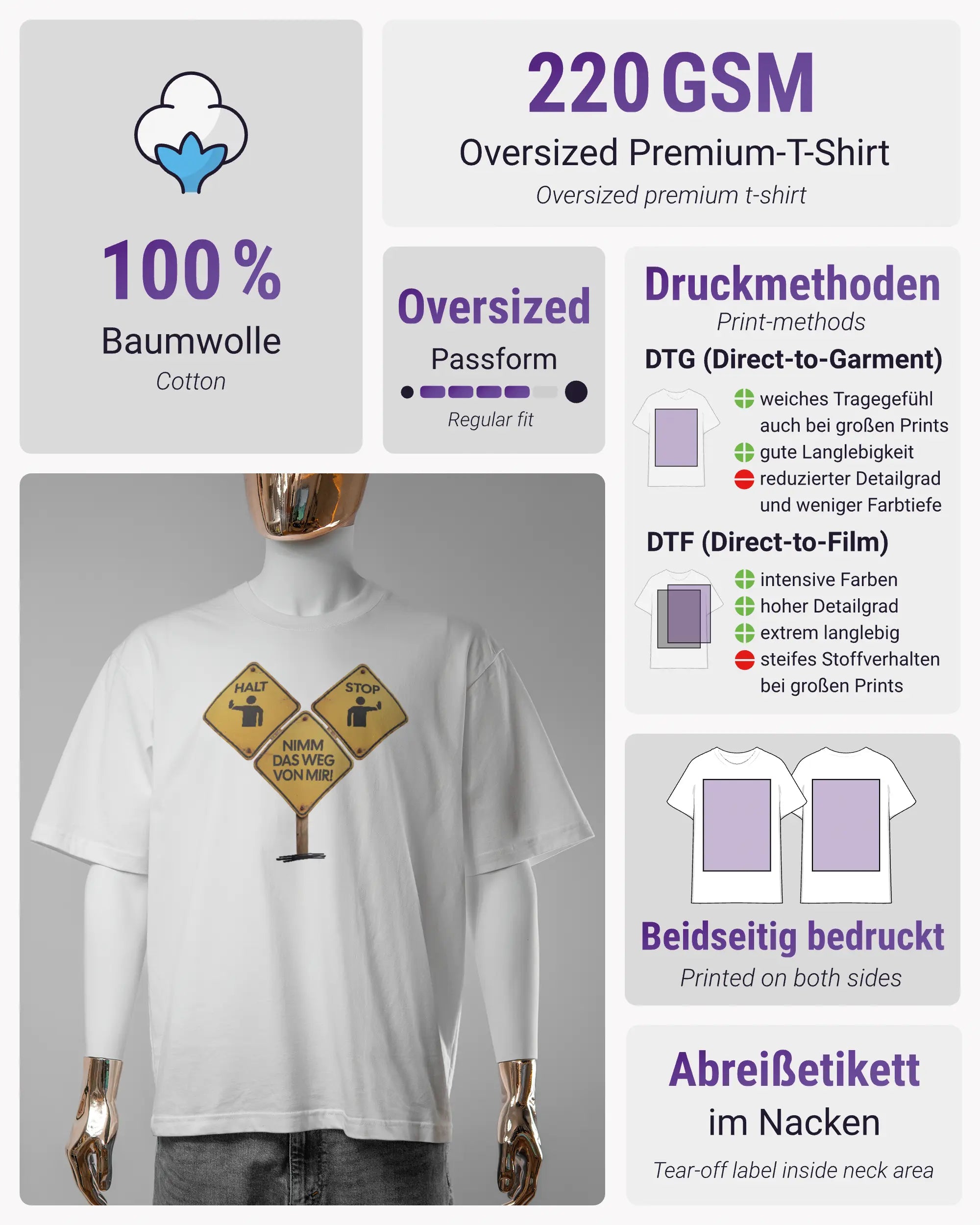 Produktinformationsblatt des Basic Unisex T-Shirt Oversized von Maondo mit dem Design Schutzschild vorne in der Farbe White und in der Größe S