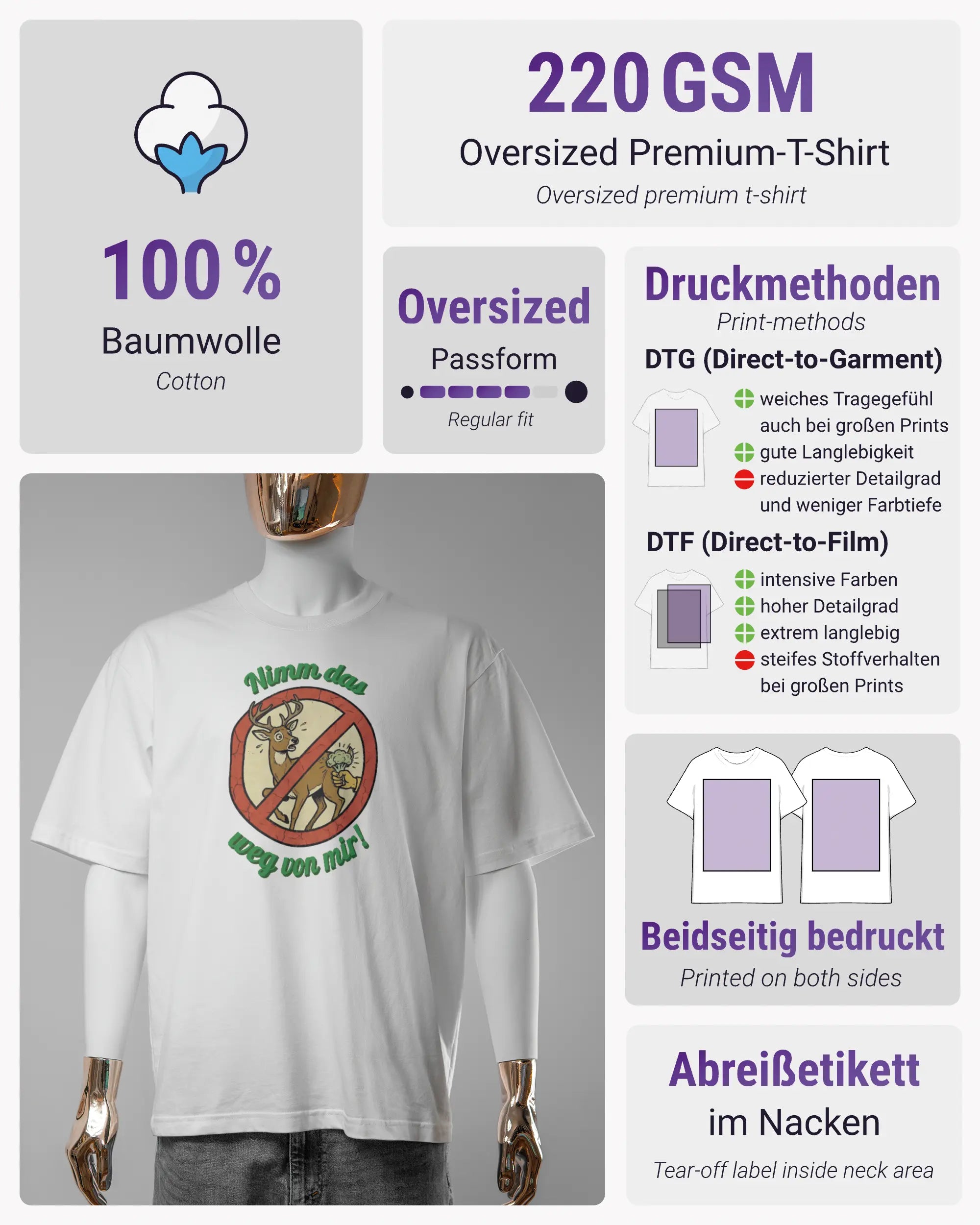 Produktinformationsblatt des Basic Unisex T-Shirt Oversized von Maondo mit dem Design Reh weg vorne in der Farbe White und in der Größe S