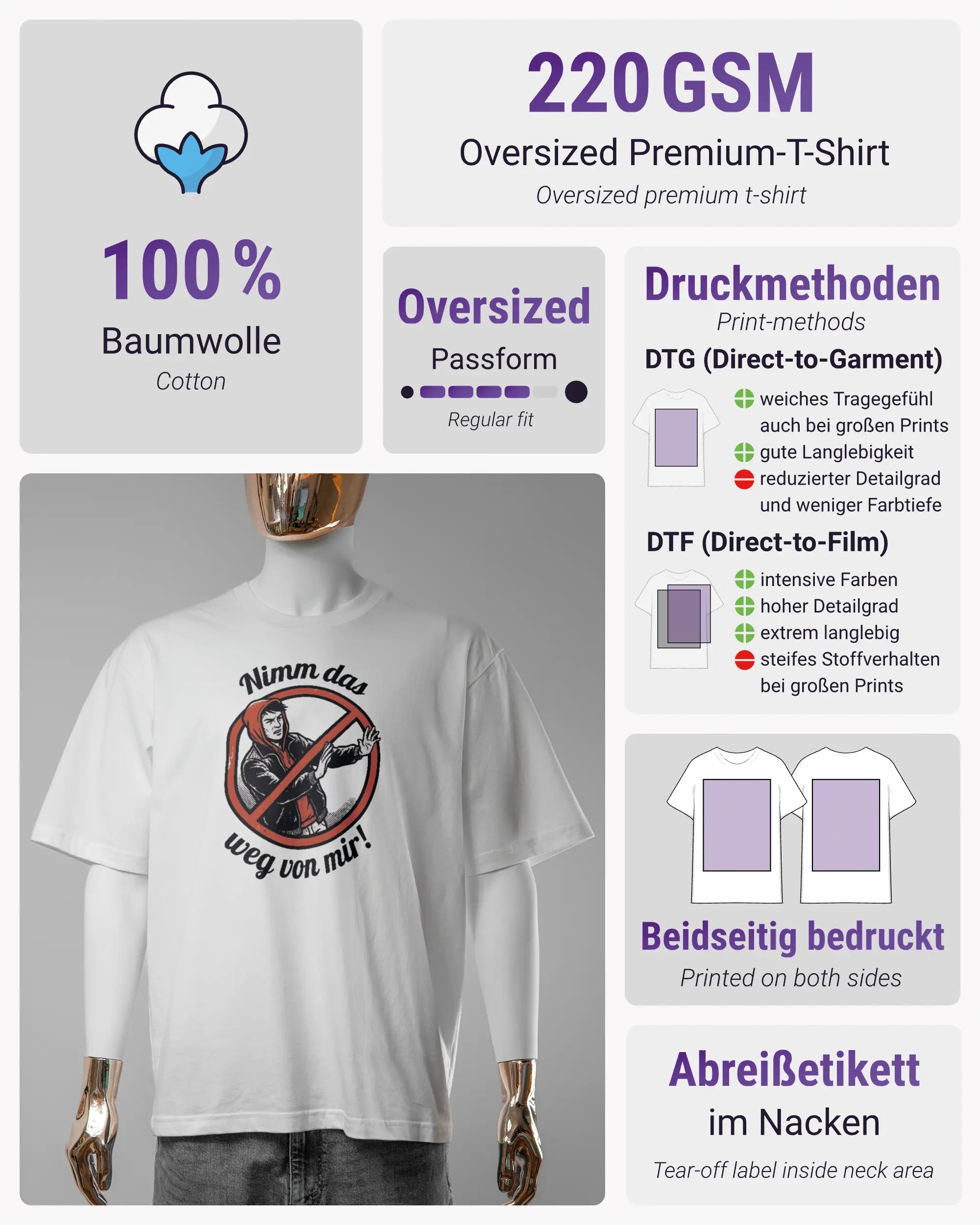 Produktinformationsblatt des Basic Unisex T-Shirt Oversized von Maondo mit dem Design Nimm das weg vorne in der Farbe White und in der Größe S