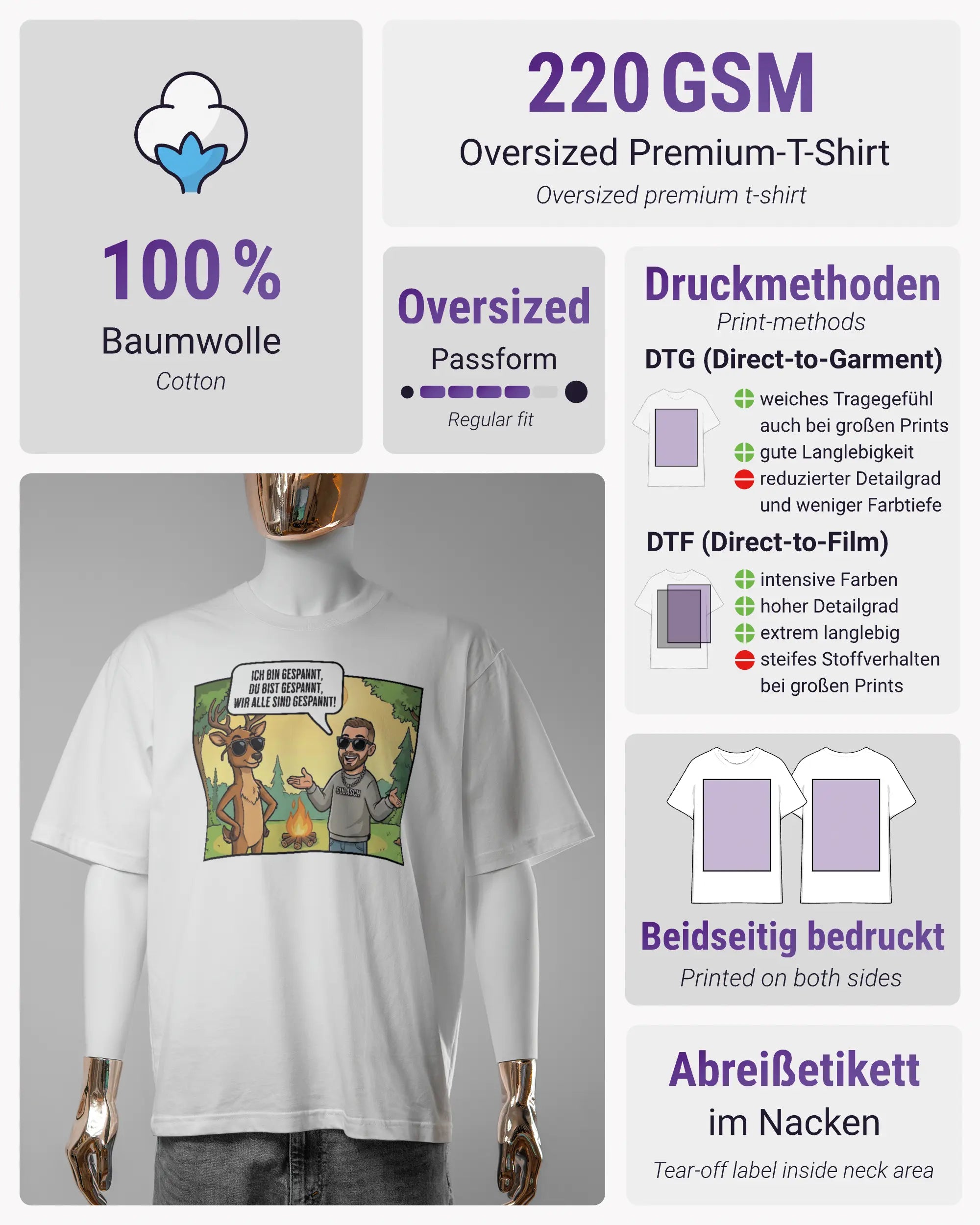 Produktinformationsblatt des Basic Unisex T-Shirt Oversized von Maondo mit dem Design Vollspannung vorne in der Farbe White und in der Größe S