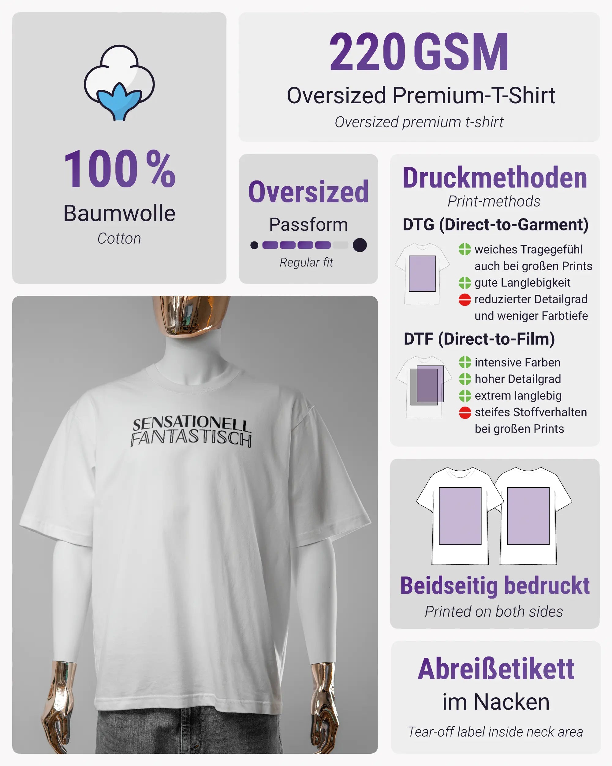 Produktinformationsblatt des Basic Unisex T-Shirt Oversized von Maondo mit dem Design Sensationell vorne in der Farbe White und in der Größe S