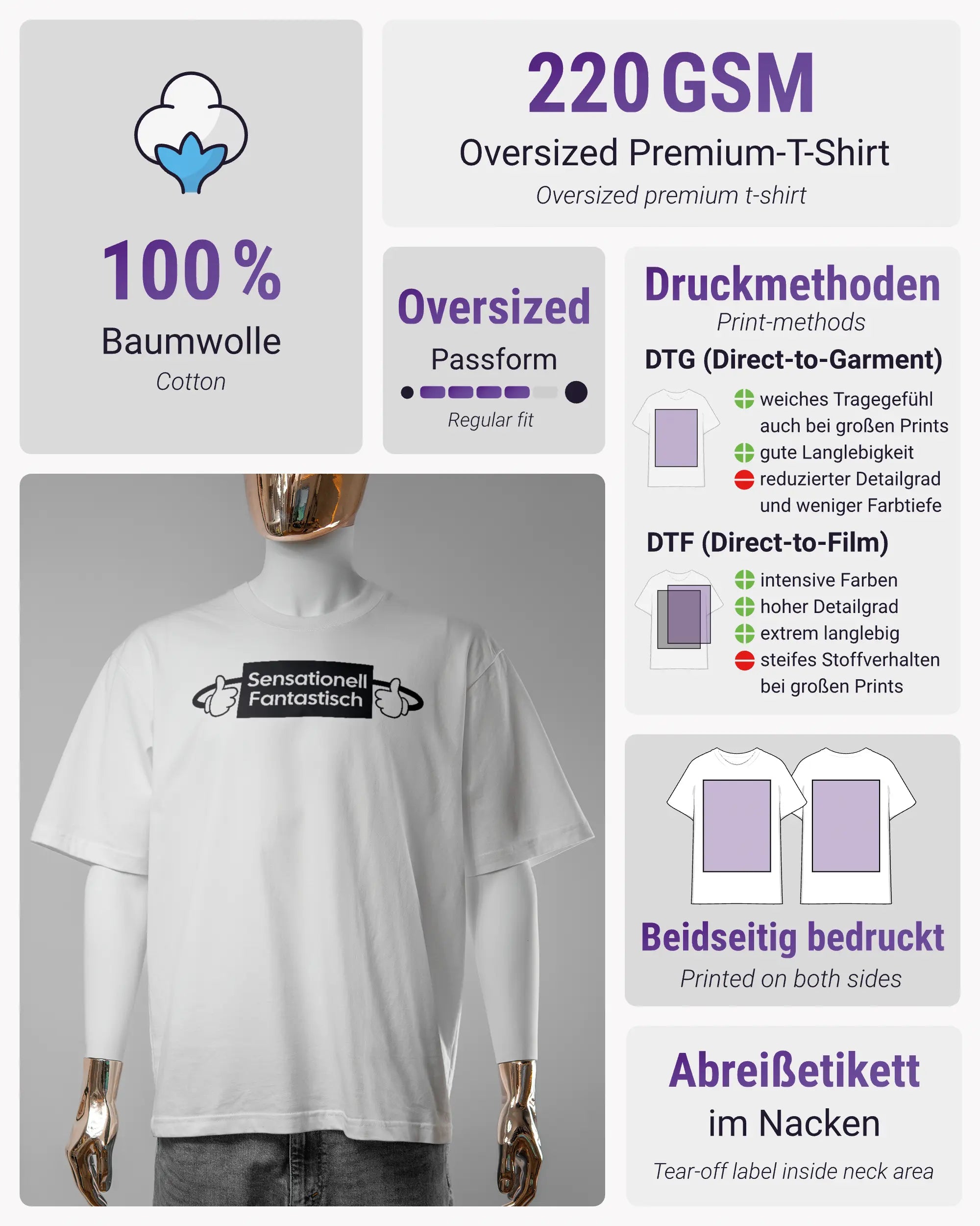 Produktinformationsblatt des Basic Unisex T-Shirt Oversized von Maondo mit dem Design Fantastisch vorne in der Farbe White und in der Größe S