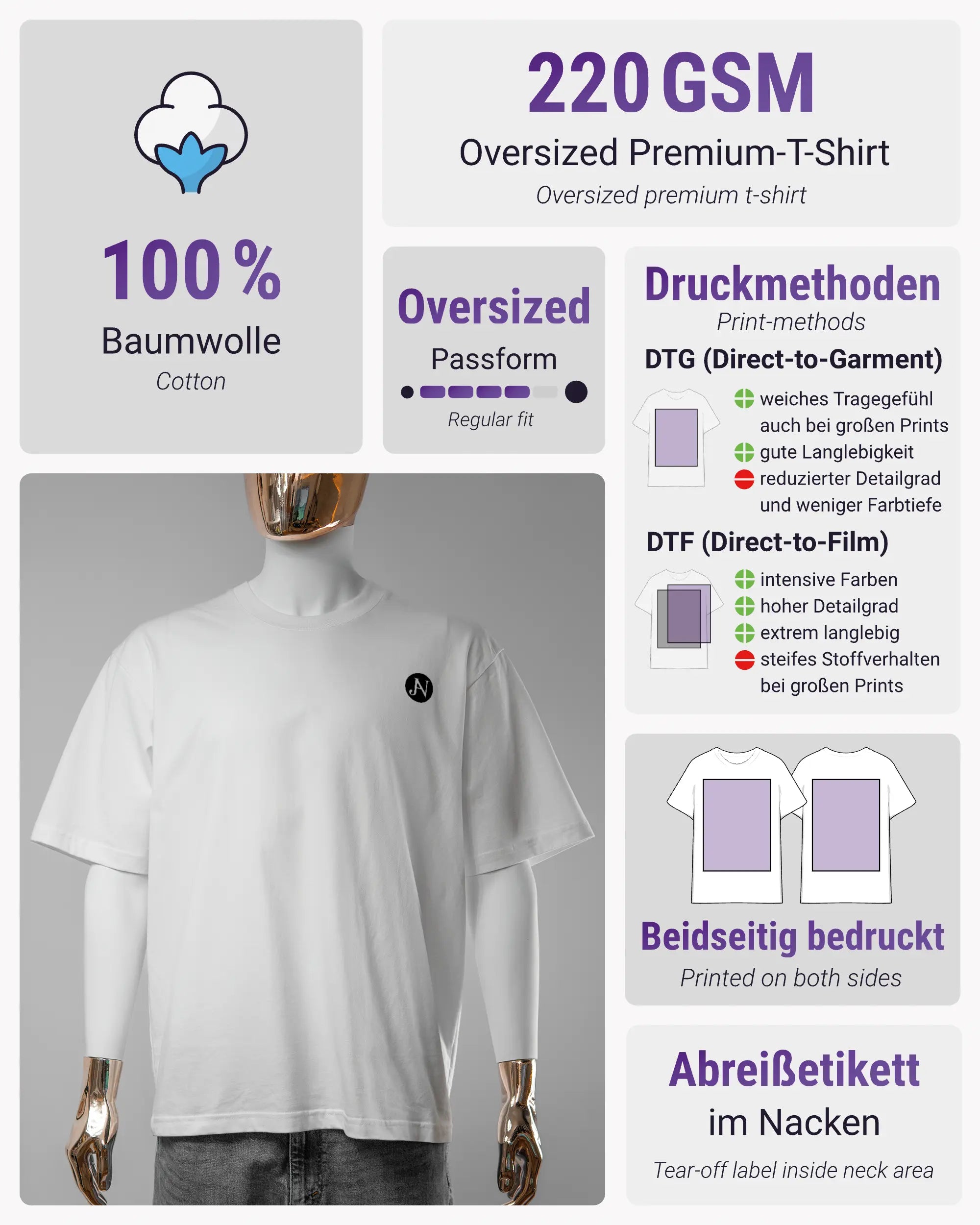 Produktinformationsblatt des Basic Unisex T-Shirt Oversized von Maondo mit dem Design JB1 vorne in der Farbe White und in der Größe S