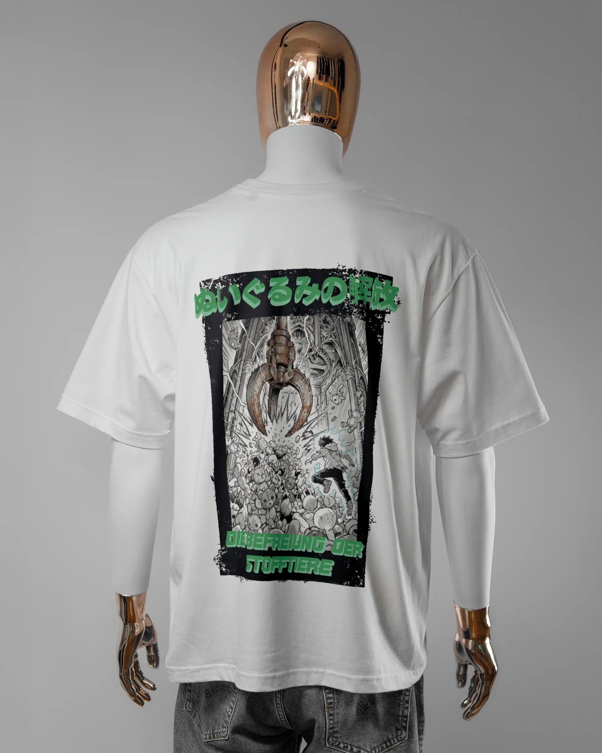 Rückseite des Basic Unisex T-Shirt Oversized von Maondo mit dem Design Save 1 Stofftier in der Farbe White und in der Größe L getragen von einer maskulinen Puppe